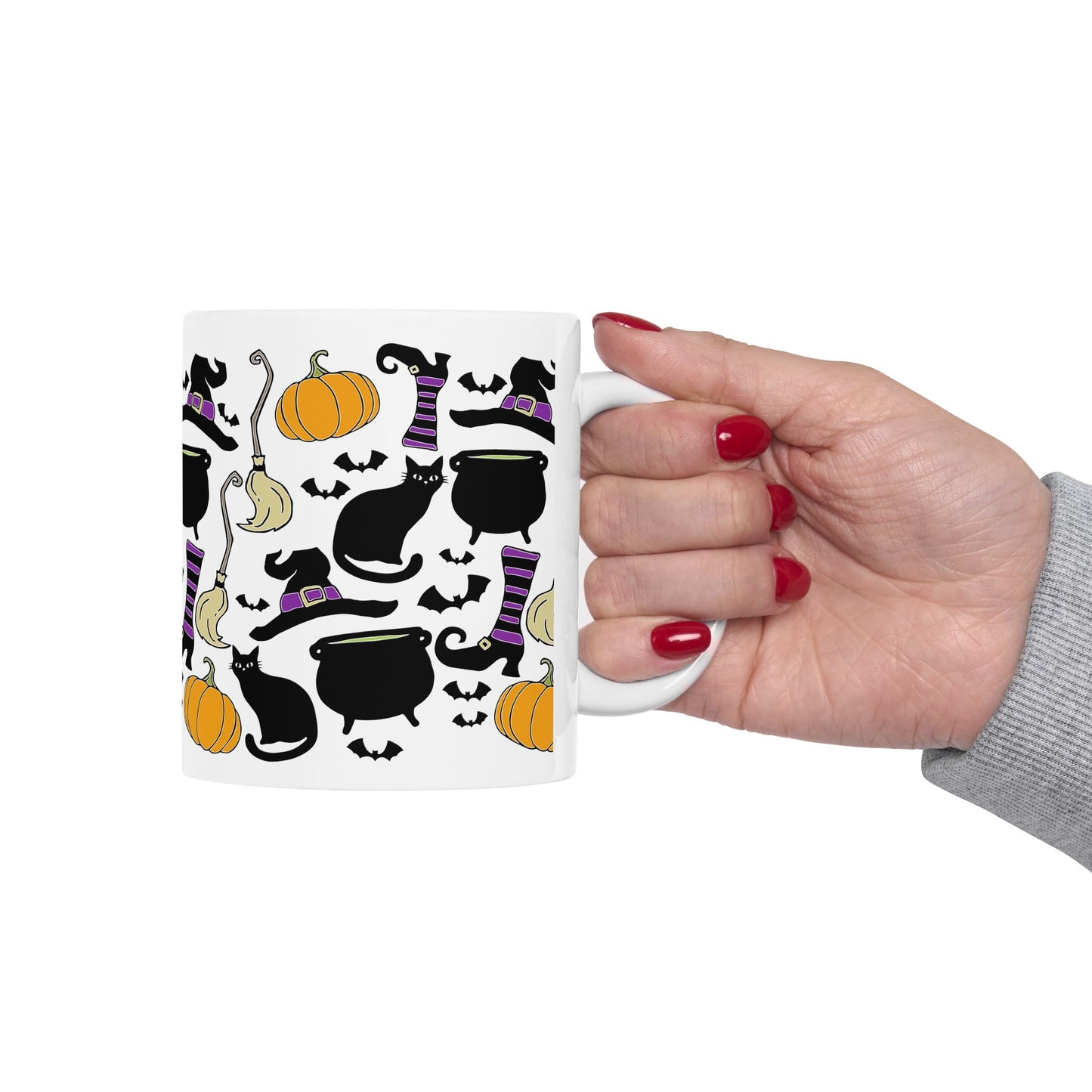 Witchy Things Halloween Ceramic Coffee Mug 11oz with Witch Hats, Black Cats, Pumpkins, Spooky Bats, & Cauldrons