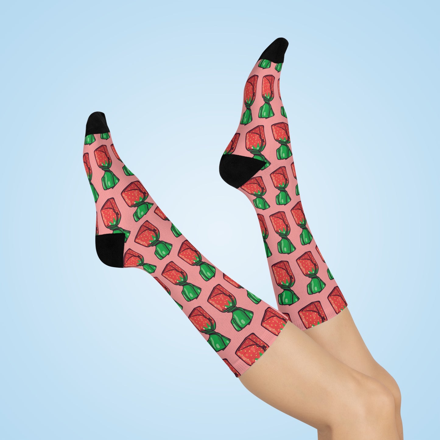 Crew Socks, Pink Strawberry Hard Candies Pattern, Fun Nostalgic Novelty Footwear, Retro Strawberries Candy Socks, Unisex One Size