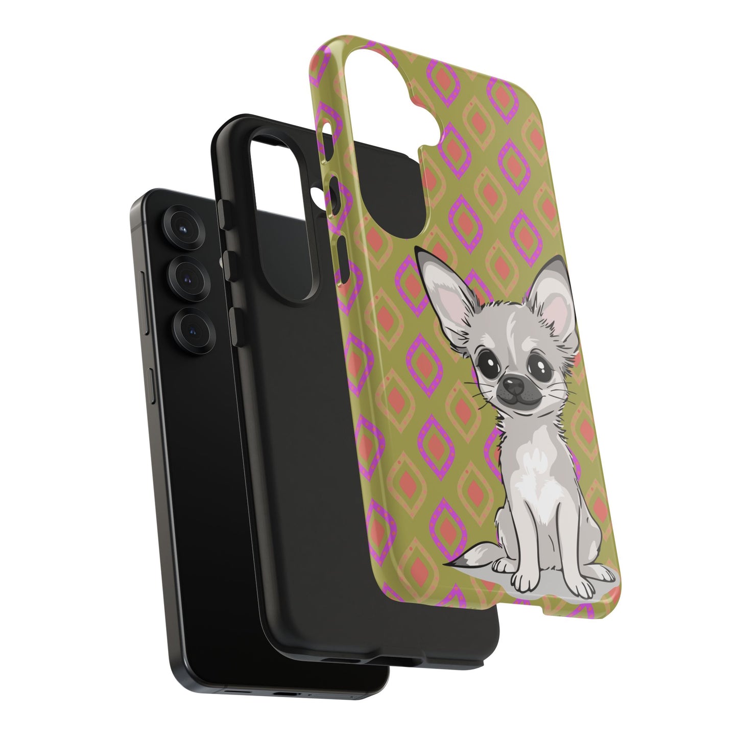 White Chihuahua Puppy Dog Phone Case, Tough Phone Cases Pet Dogs Retro Green Pattern