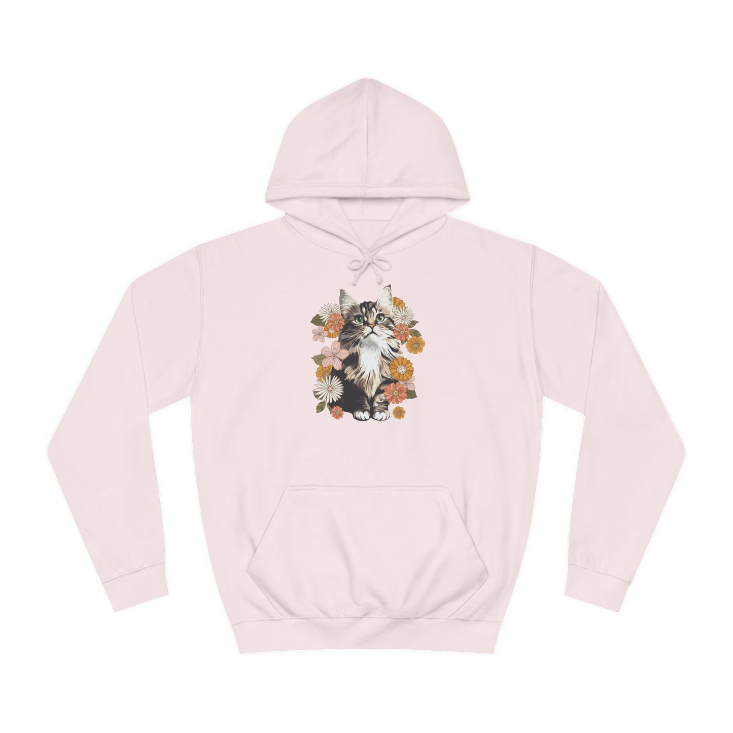 Moonchi Fluffy Kitty In Flowers Hoodie Floral Cat Hooded Sweatshirt, Gift for Cat Lovers Unisex Retro Kitten Flower Long Sleeve Sweater