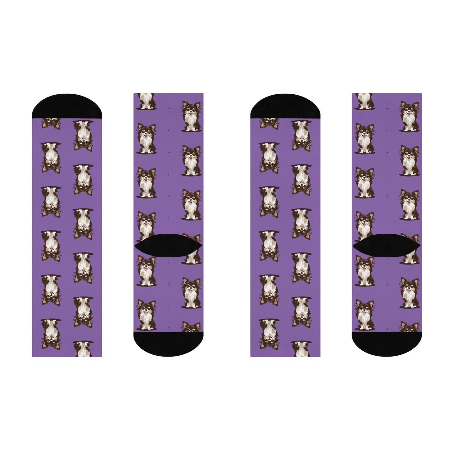 Koda Long Haired Chihuahua Puppy Dog Purple Pattern Cushioned Crew Socks With Cute Doggy Chihuahuas Pet Print