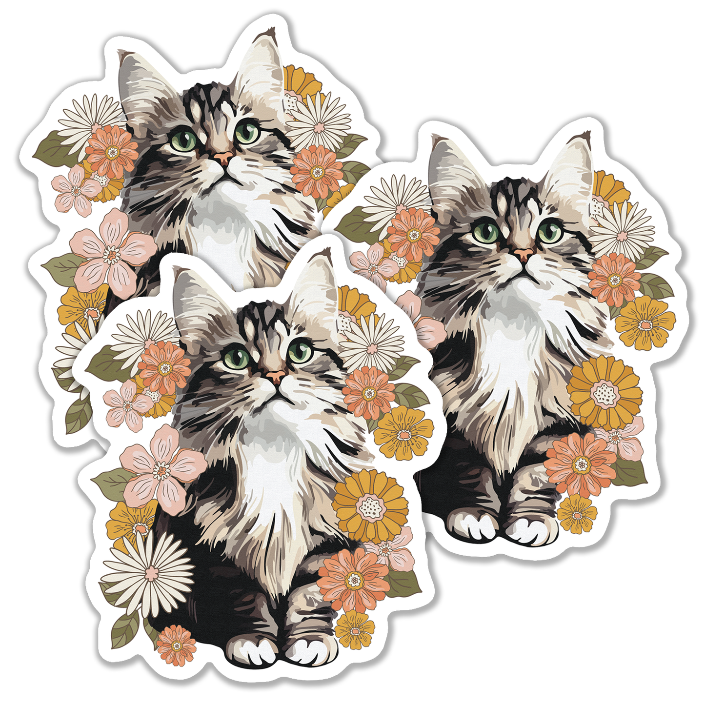 4" Fluffy Kitty In Flowers Sticker - Waterproof, Fade-Resistant Decal Stickers Floral Cat Design