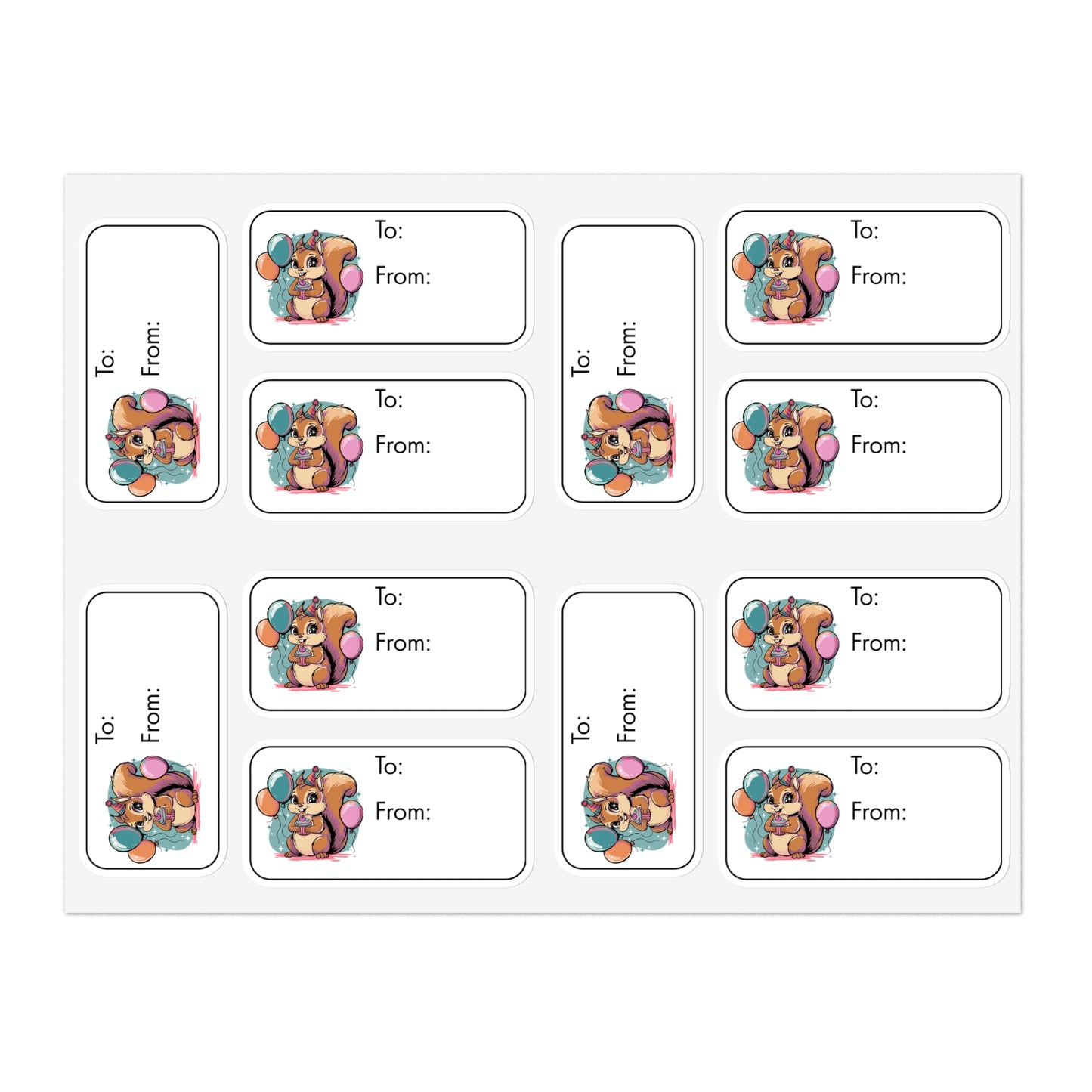 Birthday Squirrel Gift Tag Label Stickers, 60 To/From Tags (5 Sheet of 12 Stickers Ea) Bday Party Celebration Squirrels Balloon Gift Tags