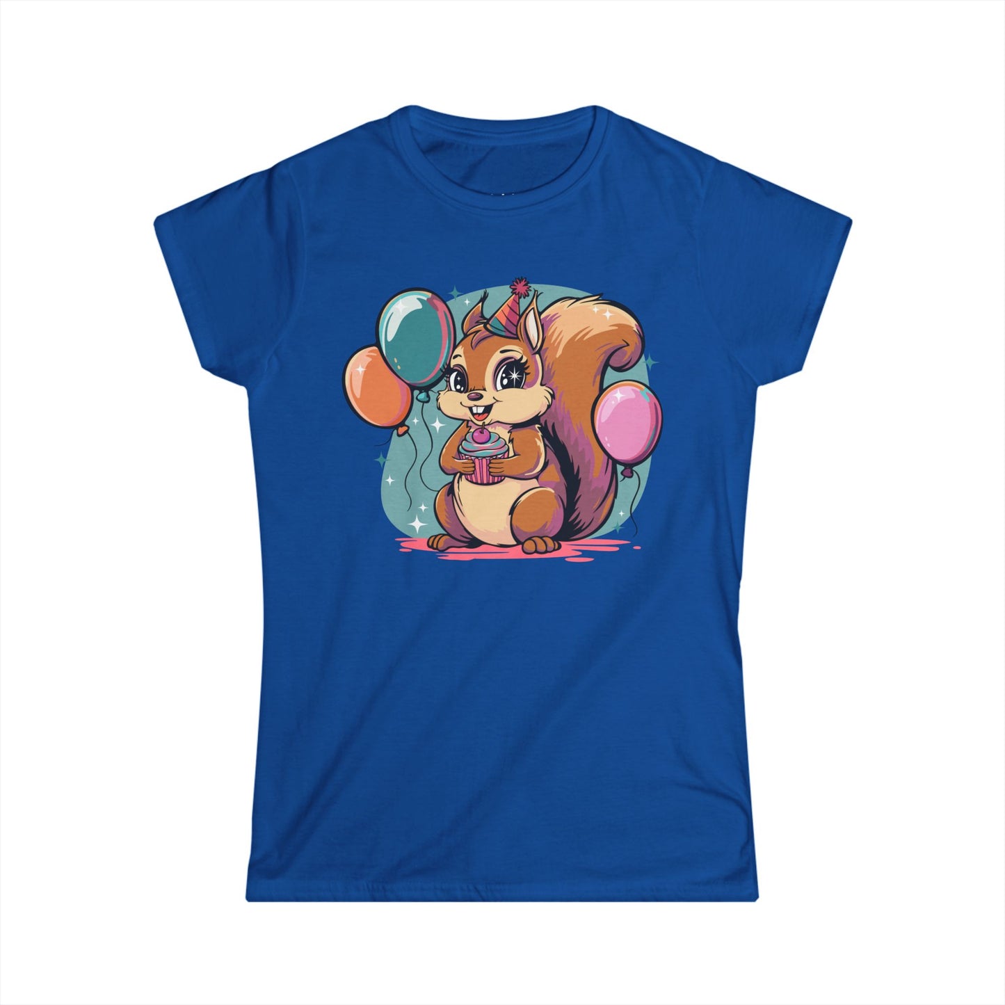 Happy Birthday Party Squirrel Women's T-shirt Squirrels Balloons Cupcake Short Sleeve Tee Celebration Ladies B-day Outfit Top