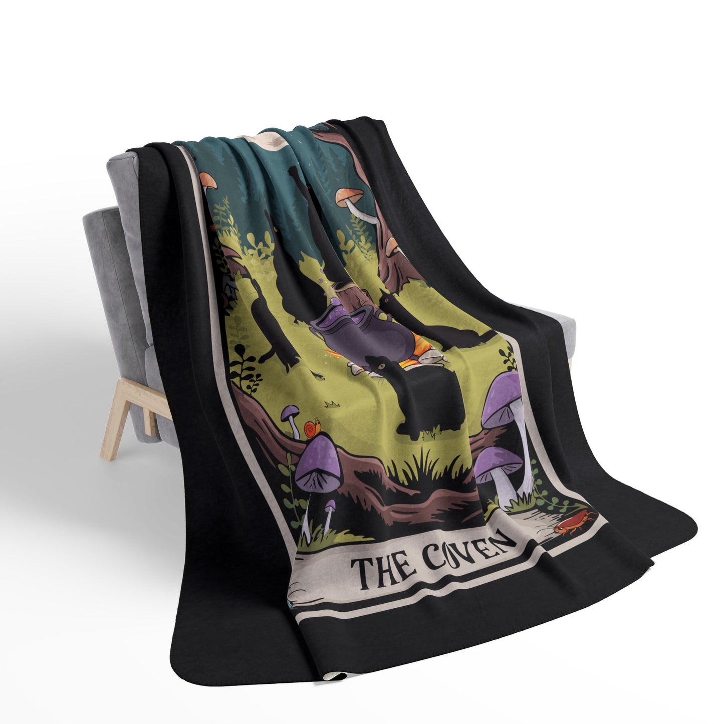 Magical Black Cats Coven Fleece Sherpa Blanket, Cozy Halloween Decor, Tarot Card Witchy Throw Blankets, Bedding Home Decor