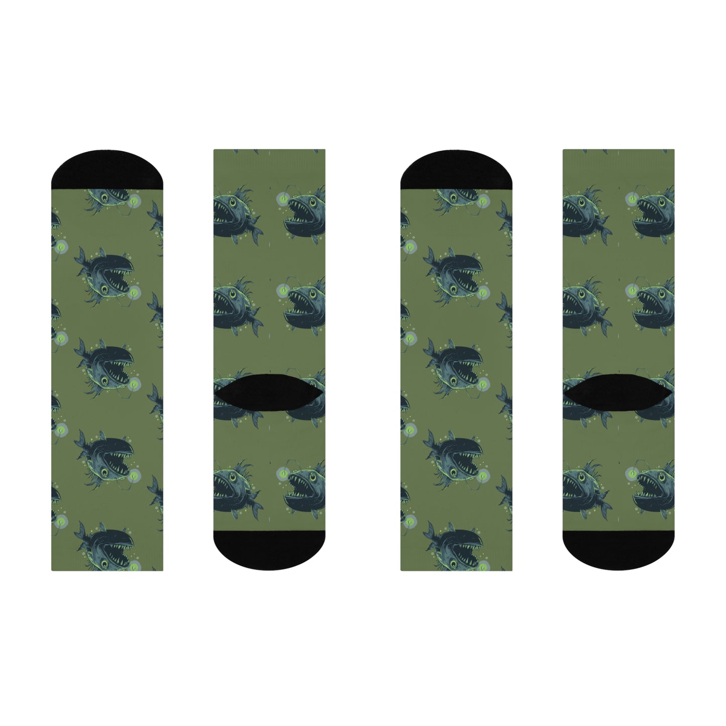 Deep Sea Anglerfish Socks, Green & Blue Ocean Life Angler Fish Bioluminescent Lure Socks - Mens Womens Unisex One Size