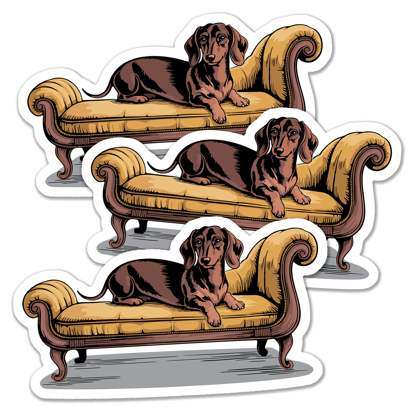 4" Dachshund Dog On Chaise Lounge Sticker - Brown Wiener Dogs Dachshunds Yellow Couch Waterproof Vinyl Decal Stickers