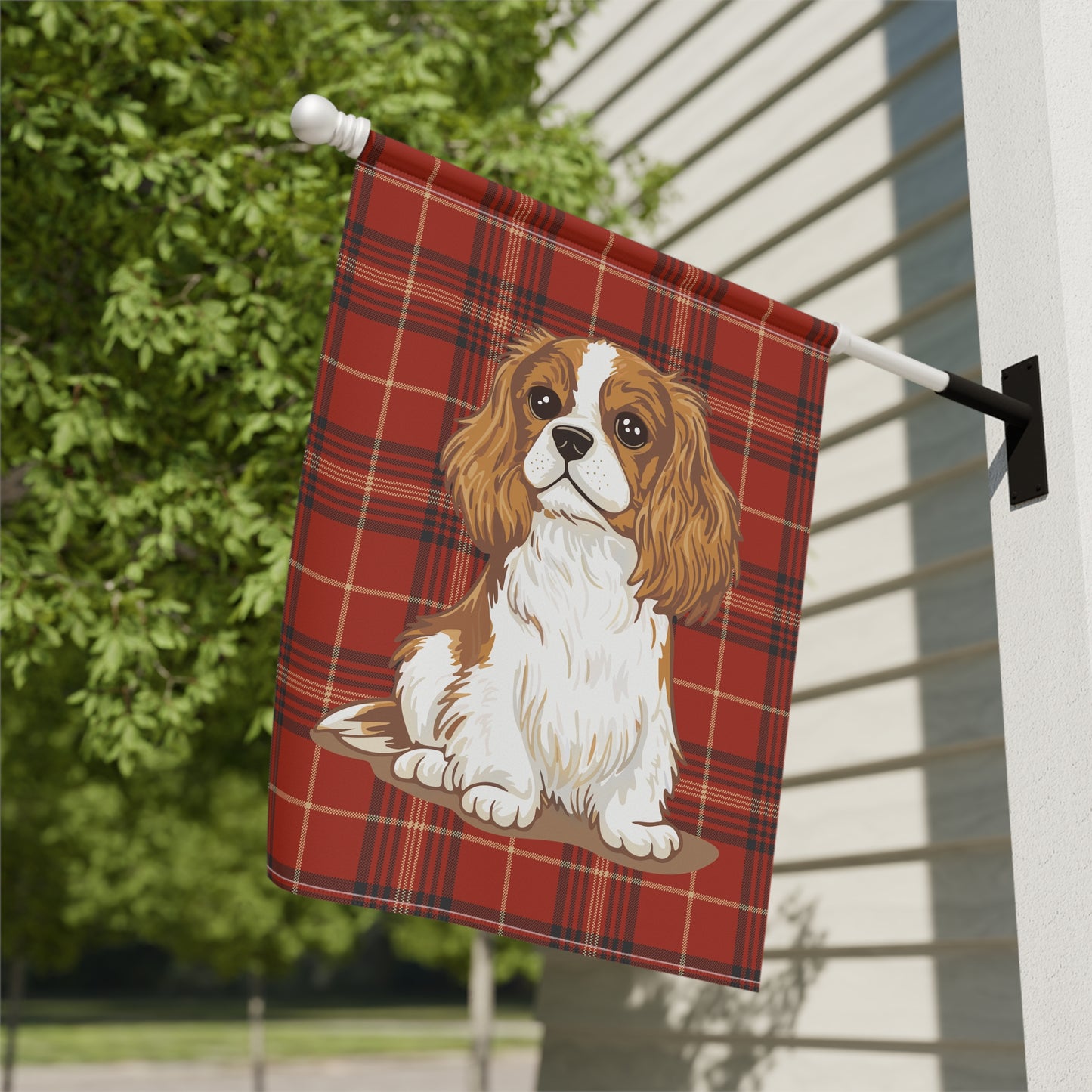 Blenheim Cavalier King Charles Spaniel Red Tartan Plaid Outdoor Garden Banner Flag, Christmas Holiday Yard Decorations