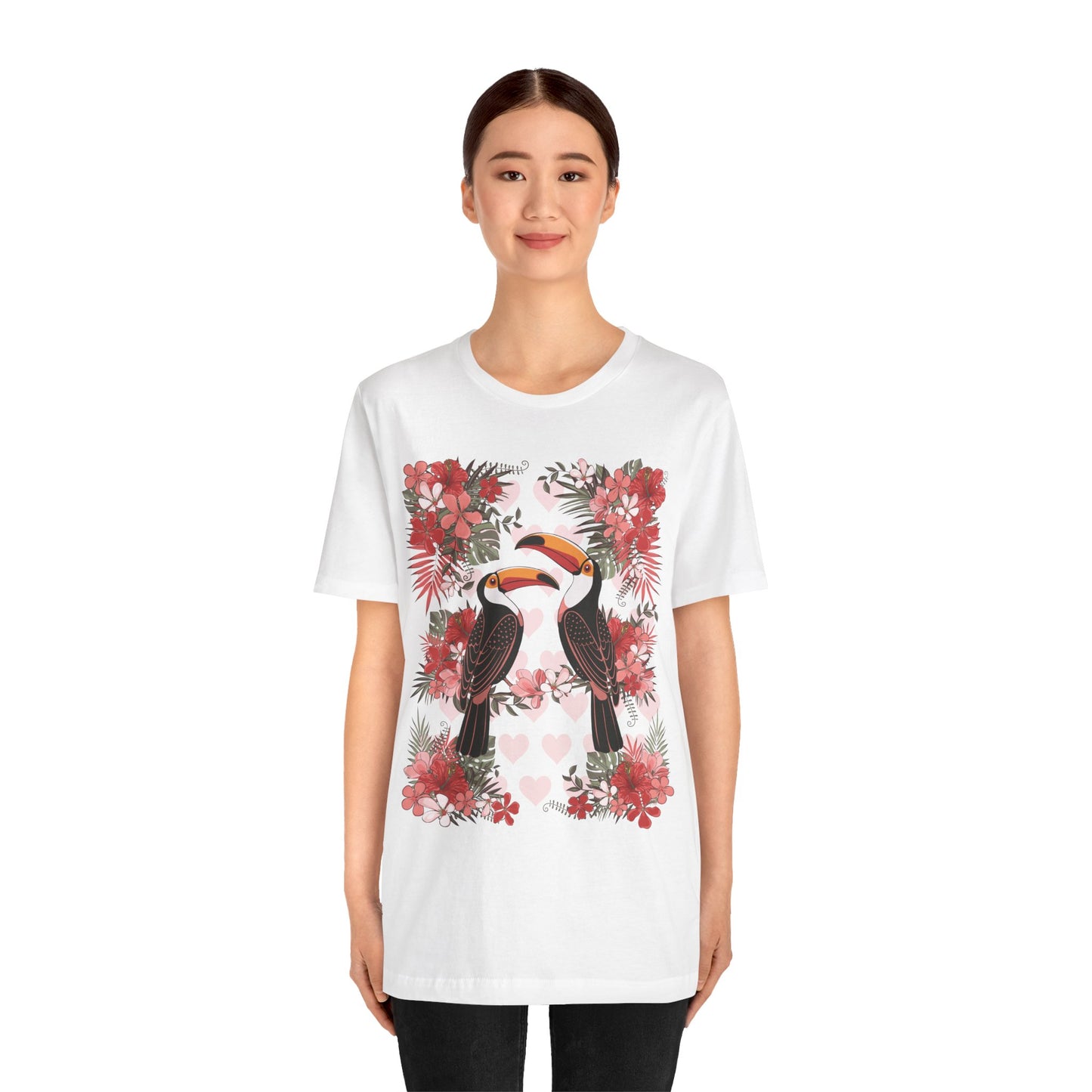 Toucan Tropical Love Birds T-shirt, Casual Summer Shirt, Gift for Bird Lovers, Vacation Wear, Floral Nature Inspired Tee