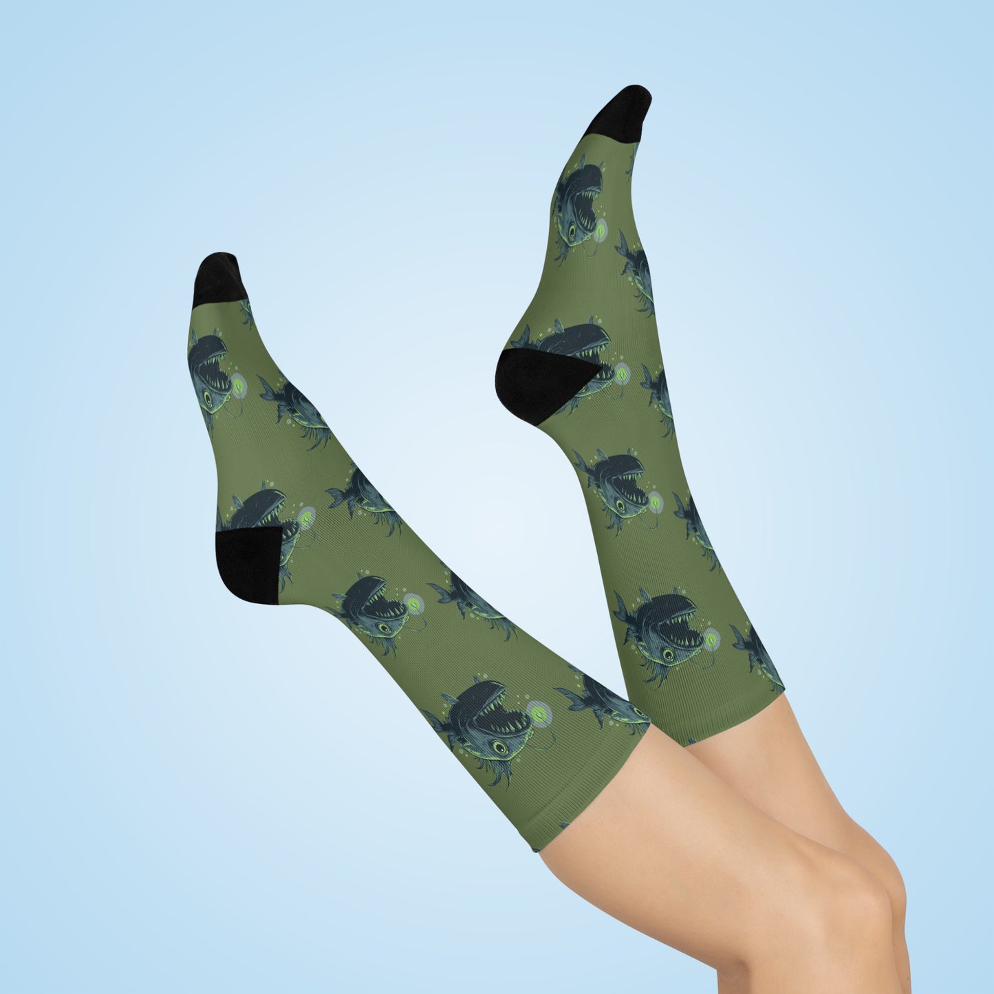 Deep Sea Anglerfish Socks, Green & Blue Ocean Life Angler Fish Bioluminescent Lure Socks - Mens Womens Unisex One Size