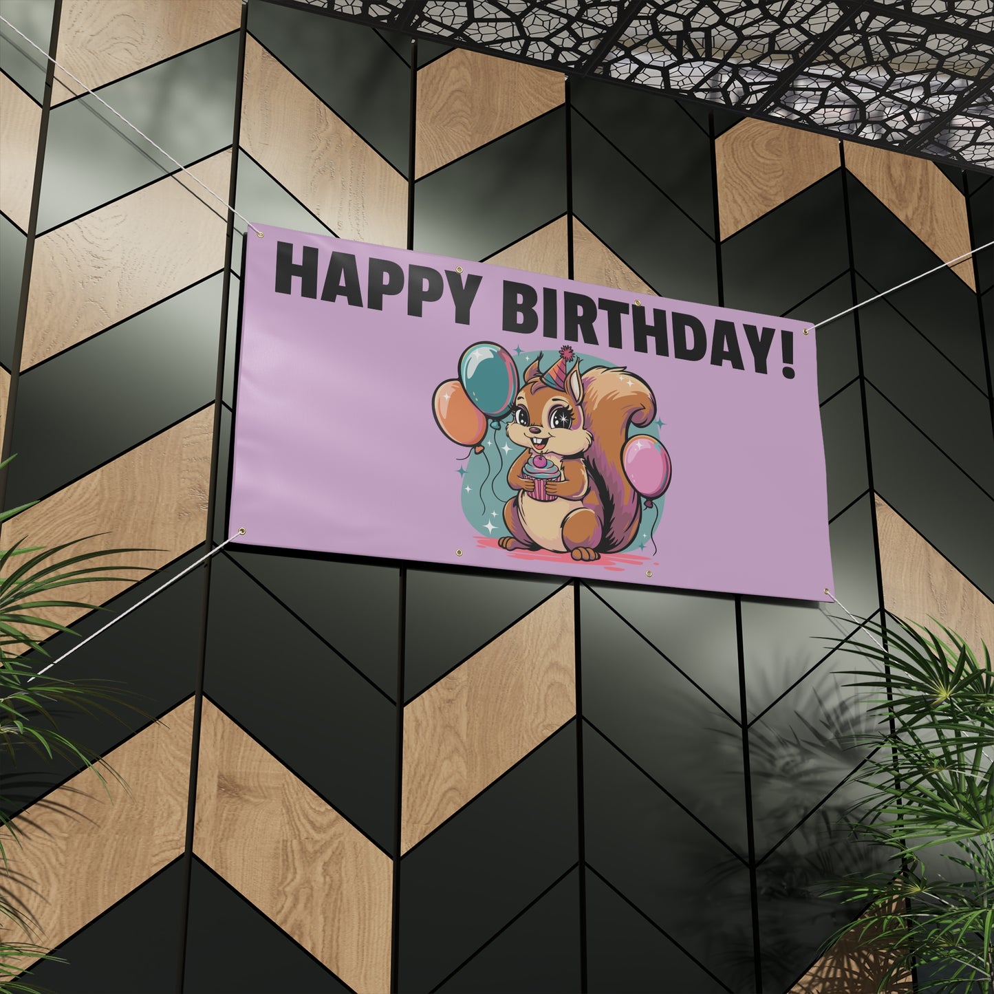 Happy Birthday Party Squirrel Banner Sign Purple Squirrels Balloons Cupcake Celebration Squirrels B-day Banners Decorations