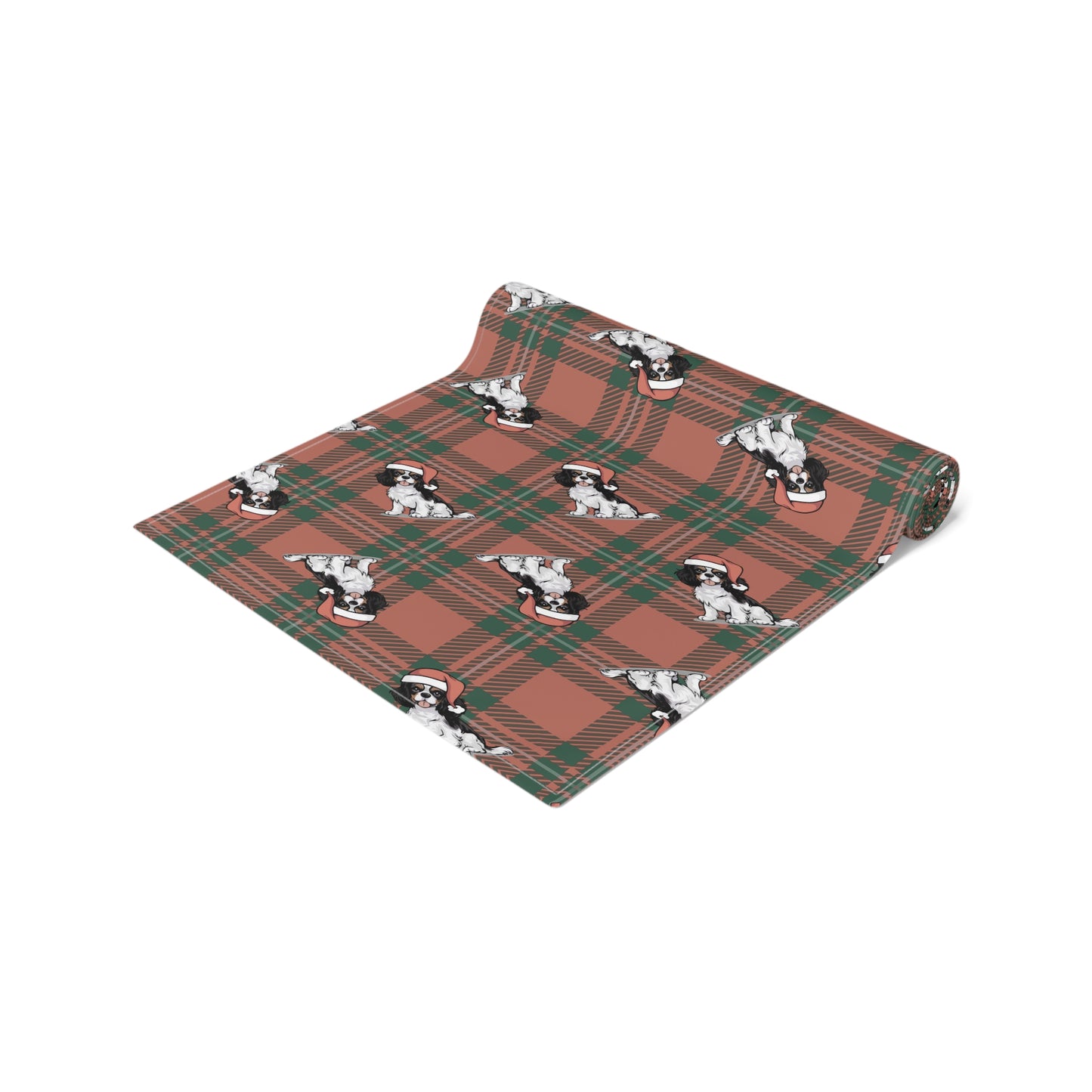 Festive Cavalier King Charles Spaniel Dog Holiday Table Runner, Christmas Home Decor, Dining Tablecloth Linens, Plaid Table Setting Runners