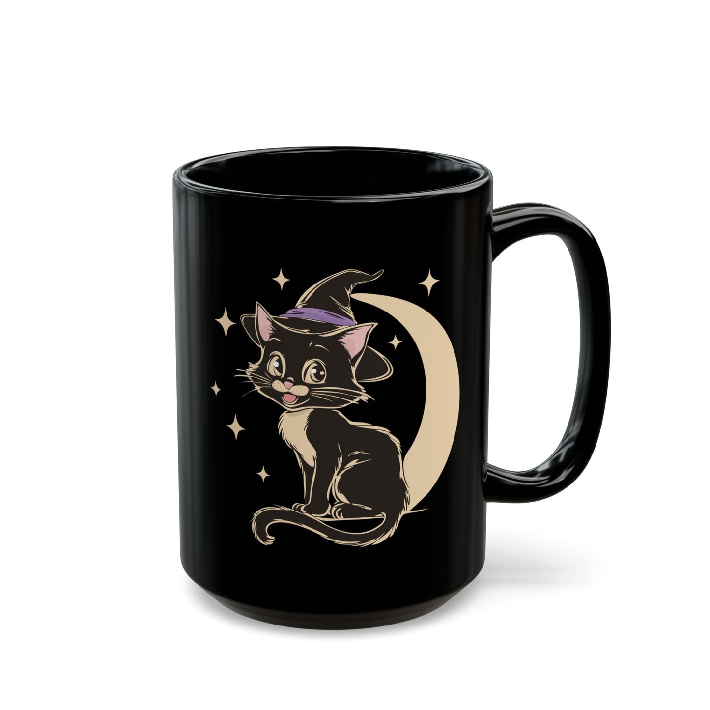 Witchy Kitty Black Ceramic Coffee Mug (11oz, 15oz) with Spooky Halloween Black Cat with Witch Hat & Moon Print