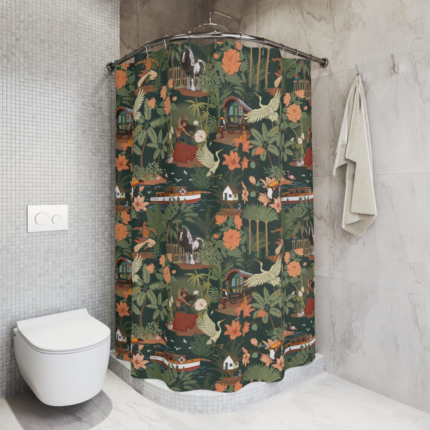 Tropical Nomad Jungle Birds Shower Curtain | Botanical Boat Floral Pattern Bathroom Decor 71"x74"