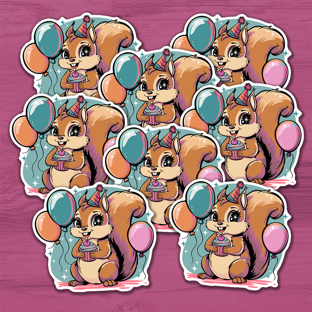 3" Birthday Squirrel Sticker - Waterproof Decal Stickers B-day Party Celebration Squirrels