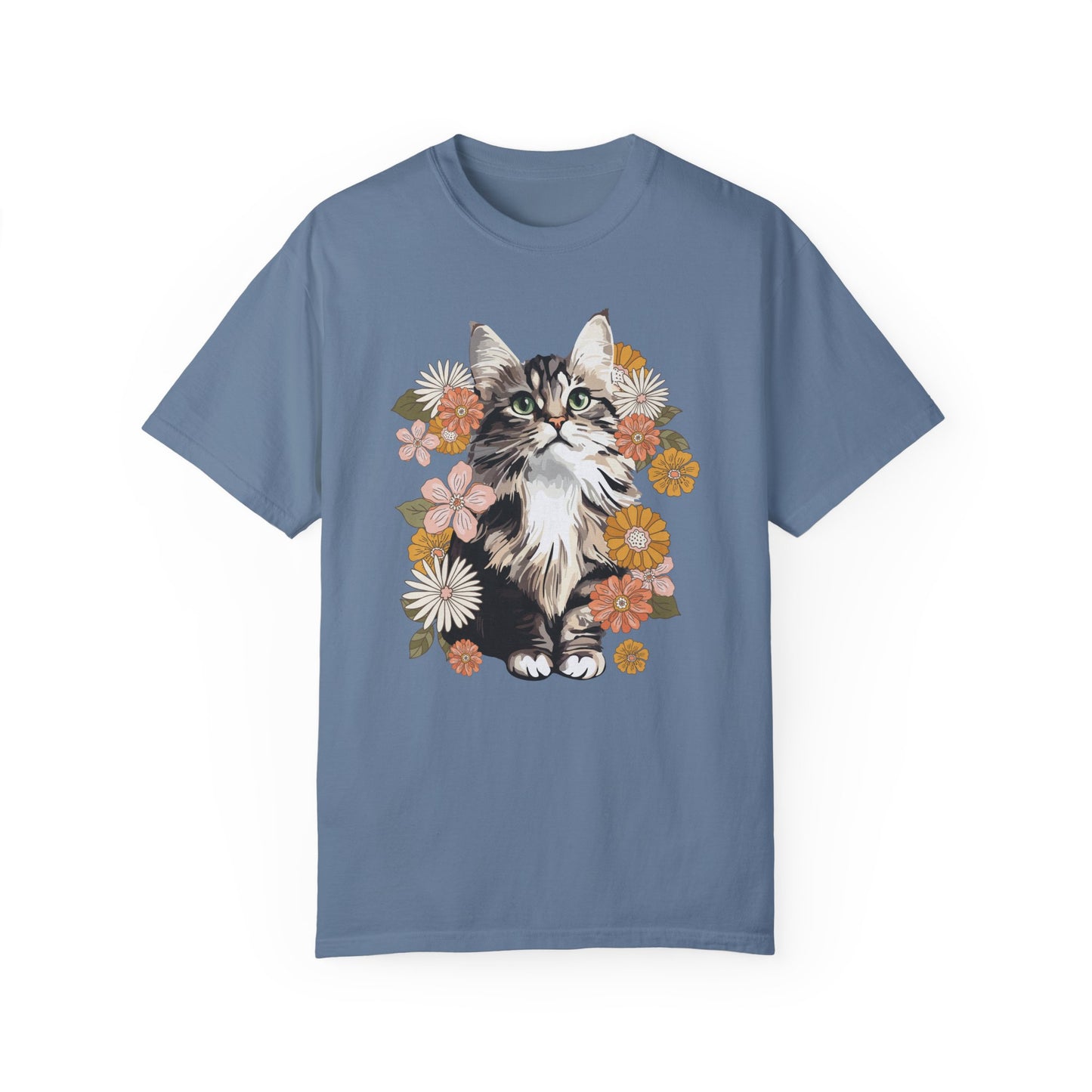 Moonchi Fluffy Kitty In Flowers T-shirt Floral Cat Tee Shirt | Gift for Pet Owners | Retro Vintage Style Tee Summer Apparel