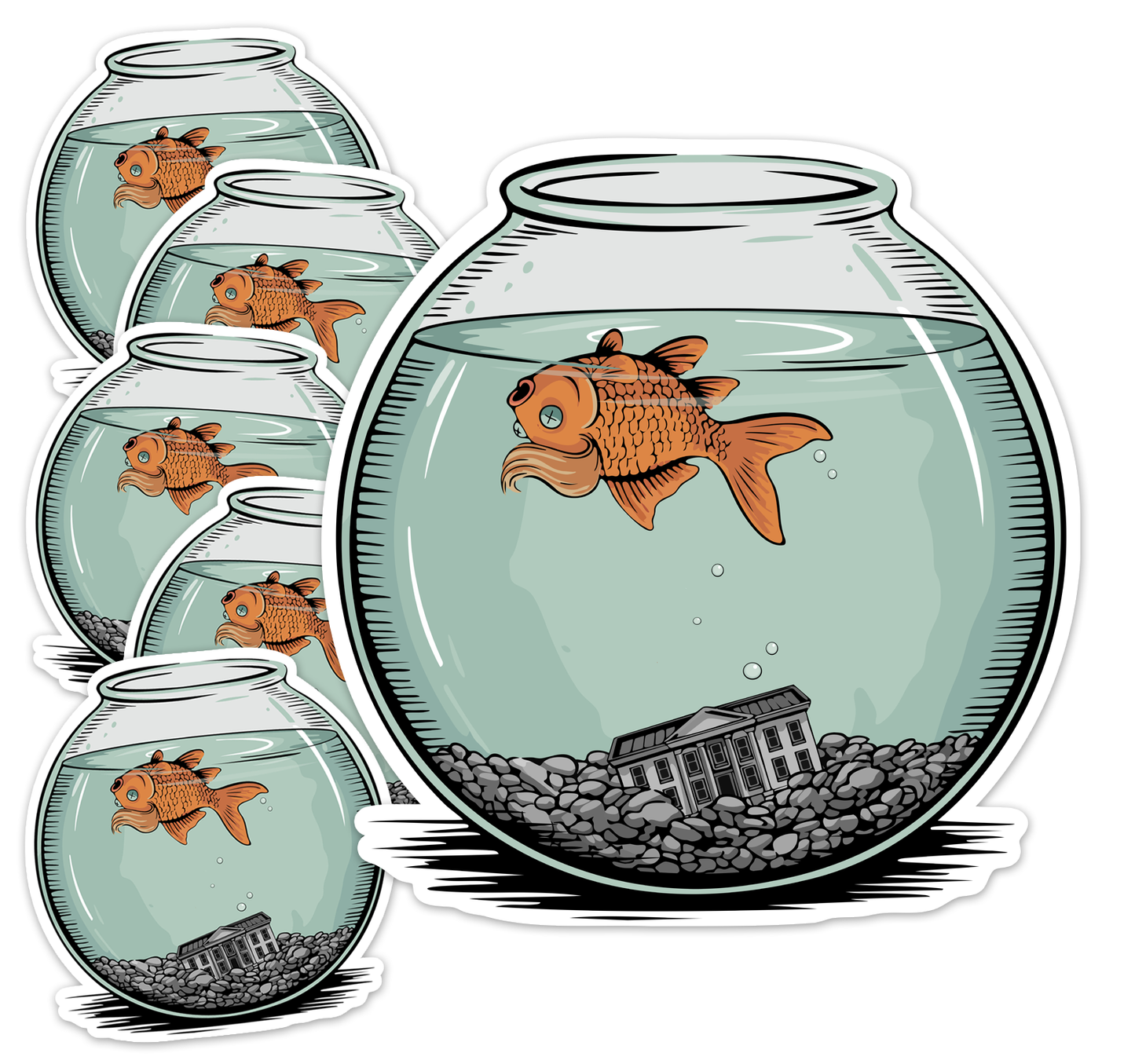 Dead Goldfish In A Fishbowl Sticker - 3.5" Vinyl Decal Stickers Waterproof Outdoor Car, Anti-Trump Leftist Political Humor Shirts, Fish Floating Bowl