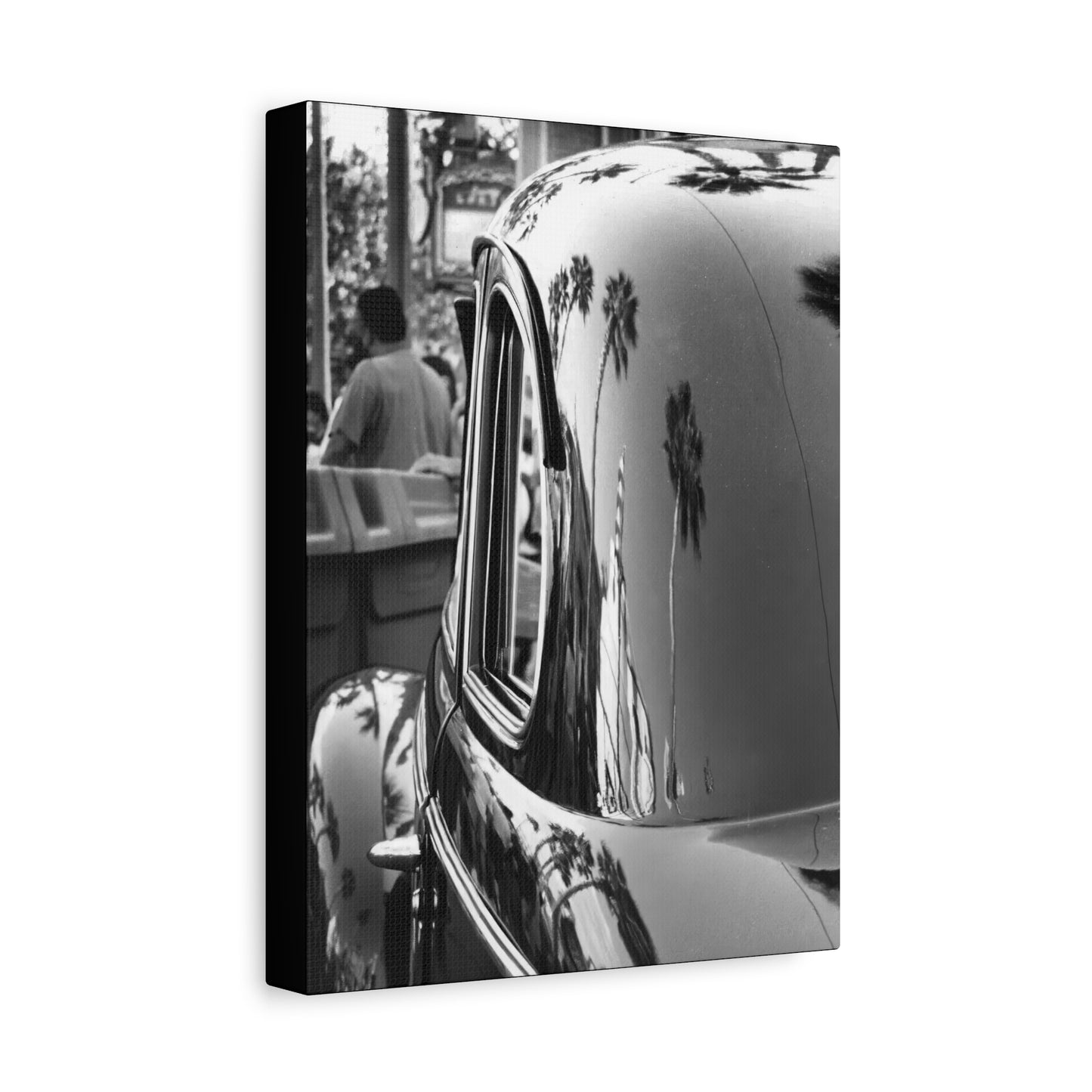 Vintage Car with Palm Tree Reflections Matte Stretched Canvas Art Photography Print, Florida Black & White Photography Wall Art 1.25"