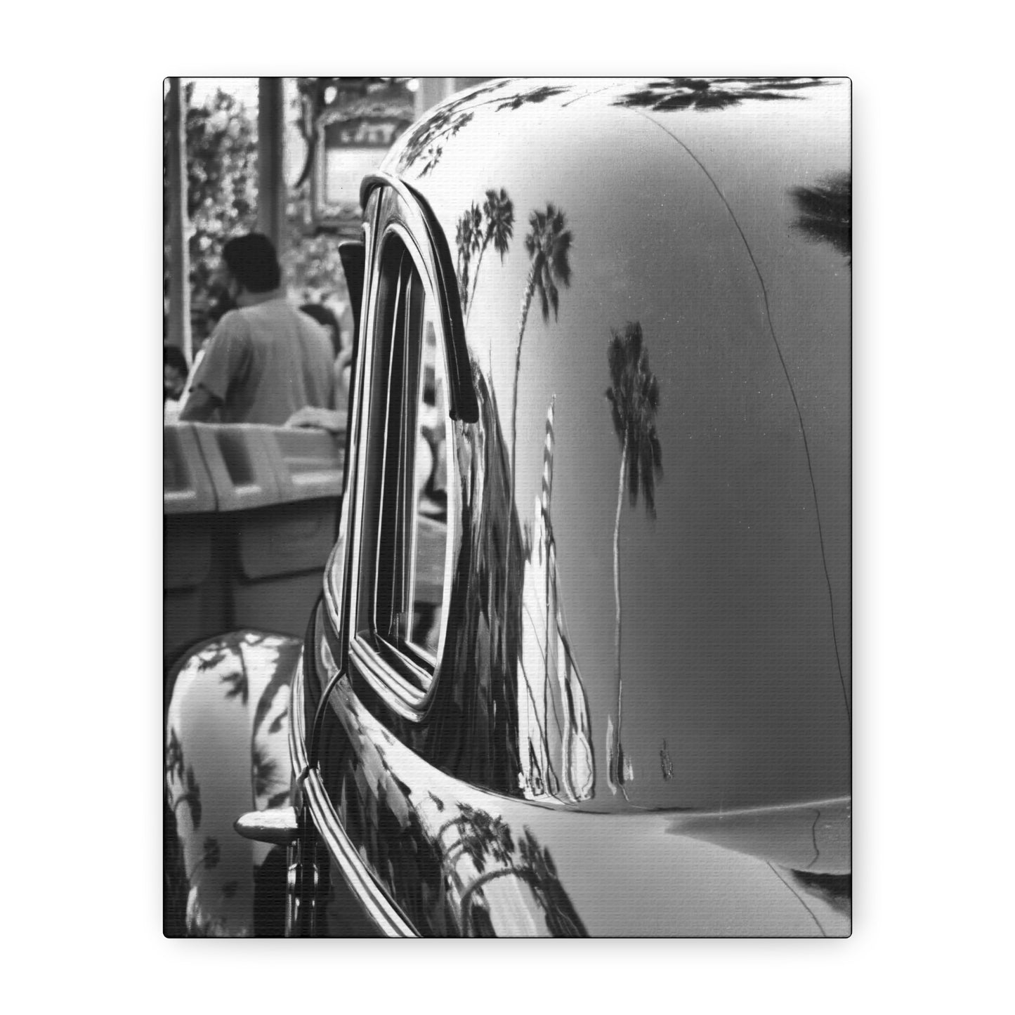 Vintage Car with Palm Tree Reflections Matte Stretched Canvas Art Photography Print, Florida Black & White Photography Wall Art 1.25"