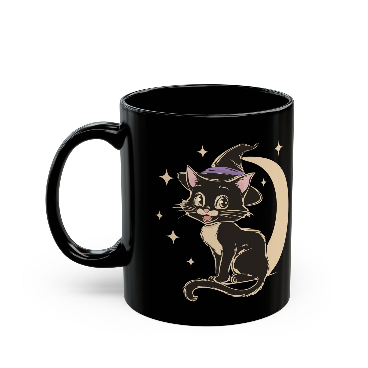 Witchy Kitty Black Ceramic Coffee Mug (11oz, 15oz) with Spooky Halloween Black Cat with Witch Hat & Moon Print