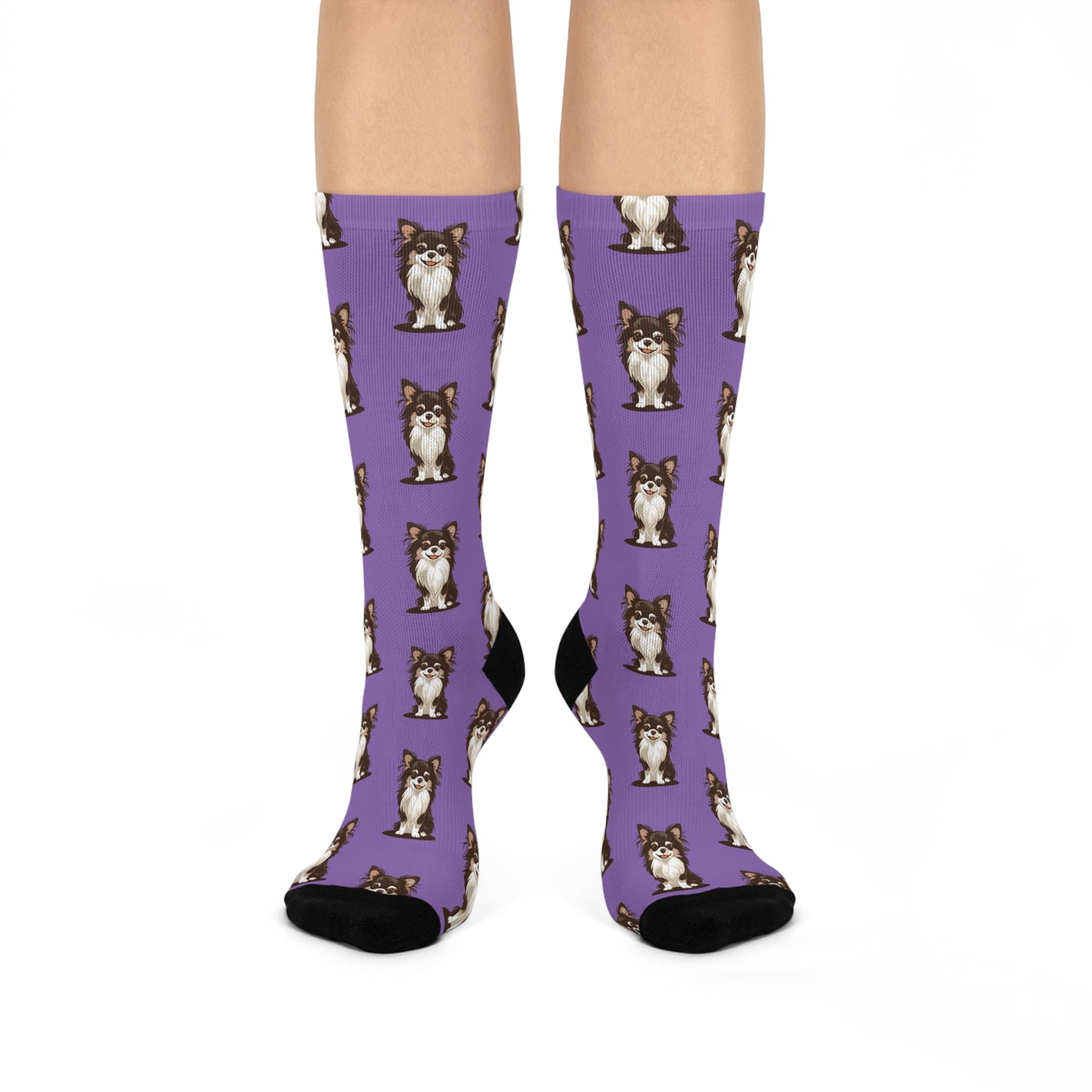 Koda Long Haired Chihuahua Puppy Dog Purple Pattern Cushioned Crew Socks With Cute Doggy Chihuahuas Pet Print
