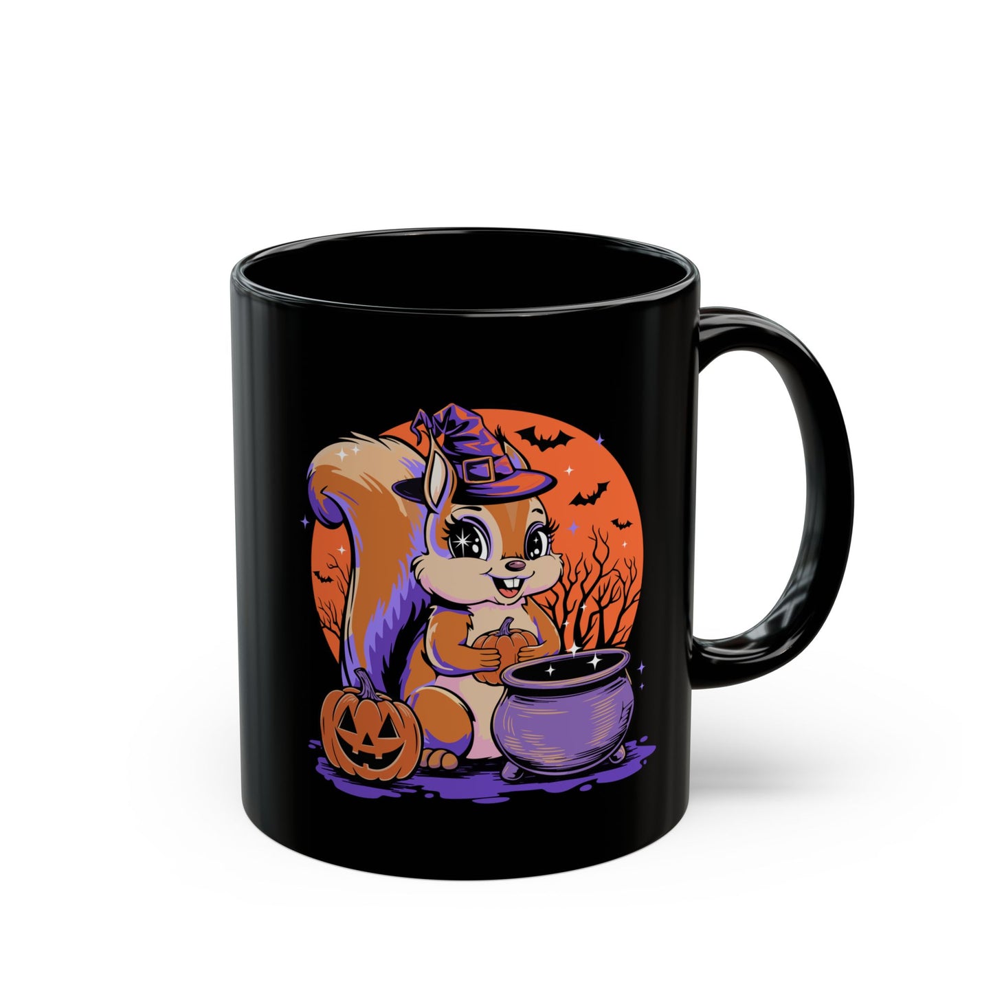 Witchy Squirrel Halloween Black Mug, Squirrels Design Ceramic Coffee Mugs, Spooky Gift Fall Decor, Witch Pumpkin Bats Cauldron Drinkware
