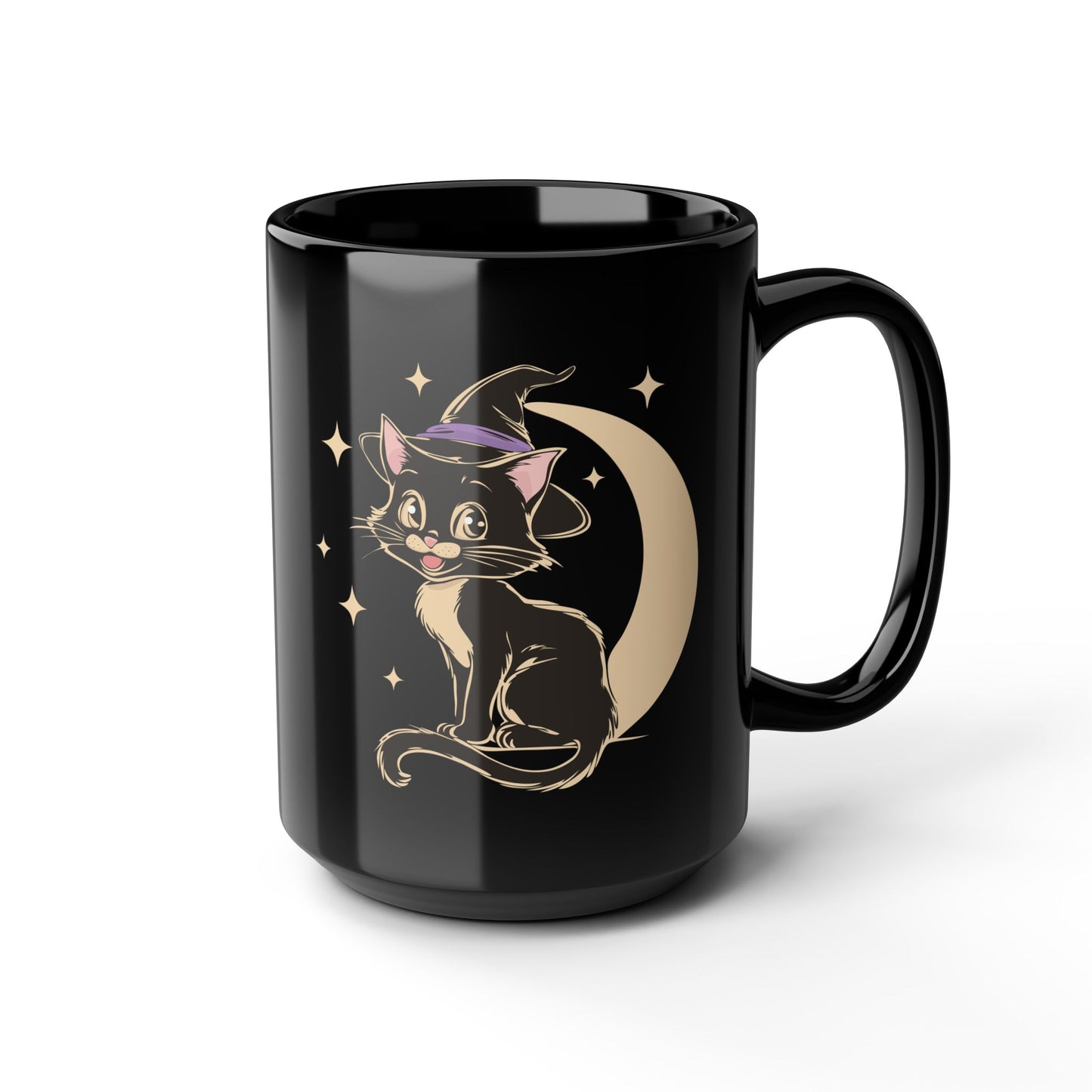 Witchy Kitty Black Ceramic Coffee Mug (11oz, 15oz) with Spooky Halloween Black Cat with Witch Hat & Moon Print