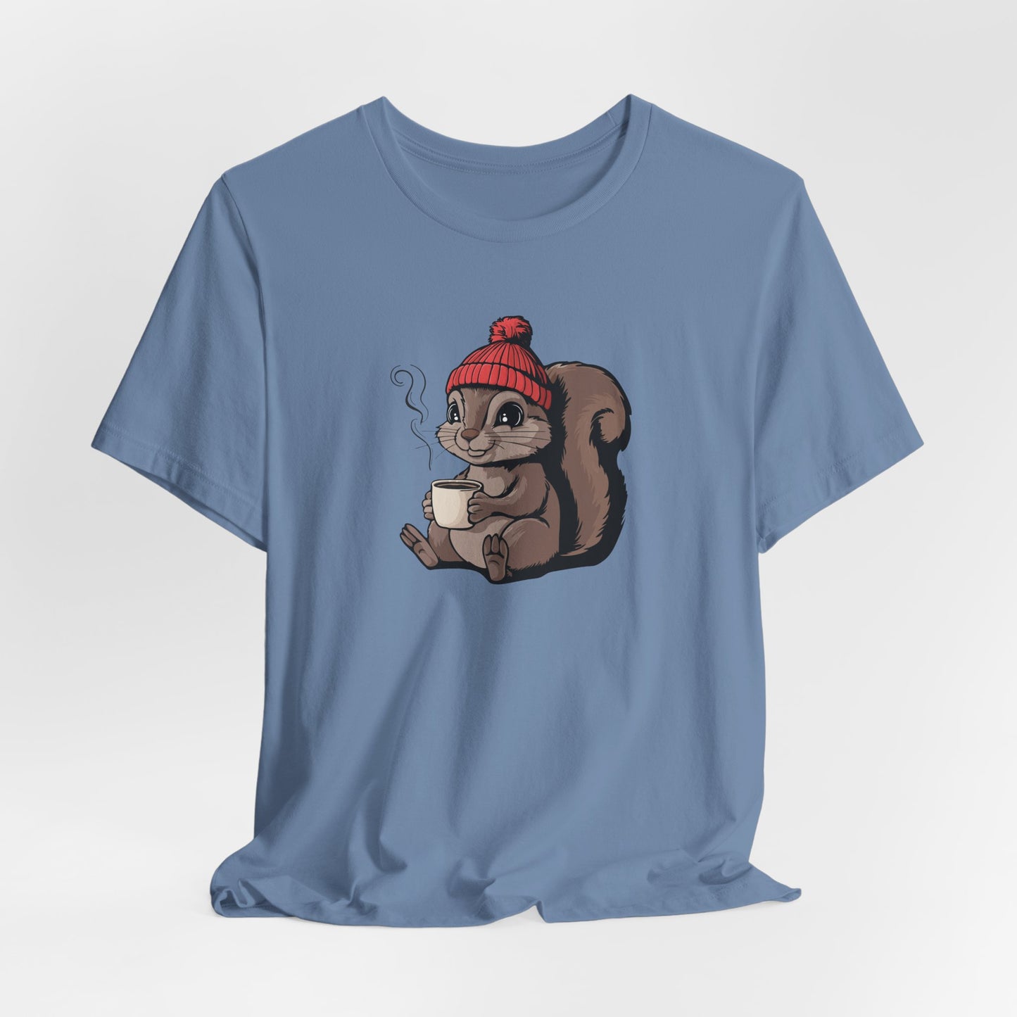 Cozy Squirrel with Coffee T-Shirt | Cute Fall Squirrels Woodland Animal Tee, Short Sleeve Graphic Print Shirts