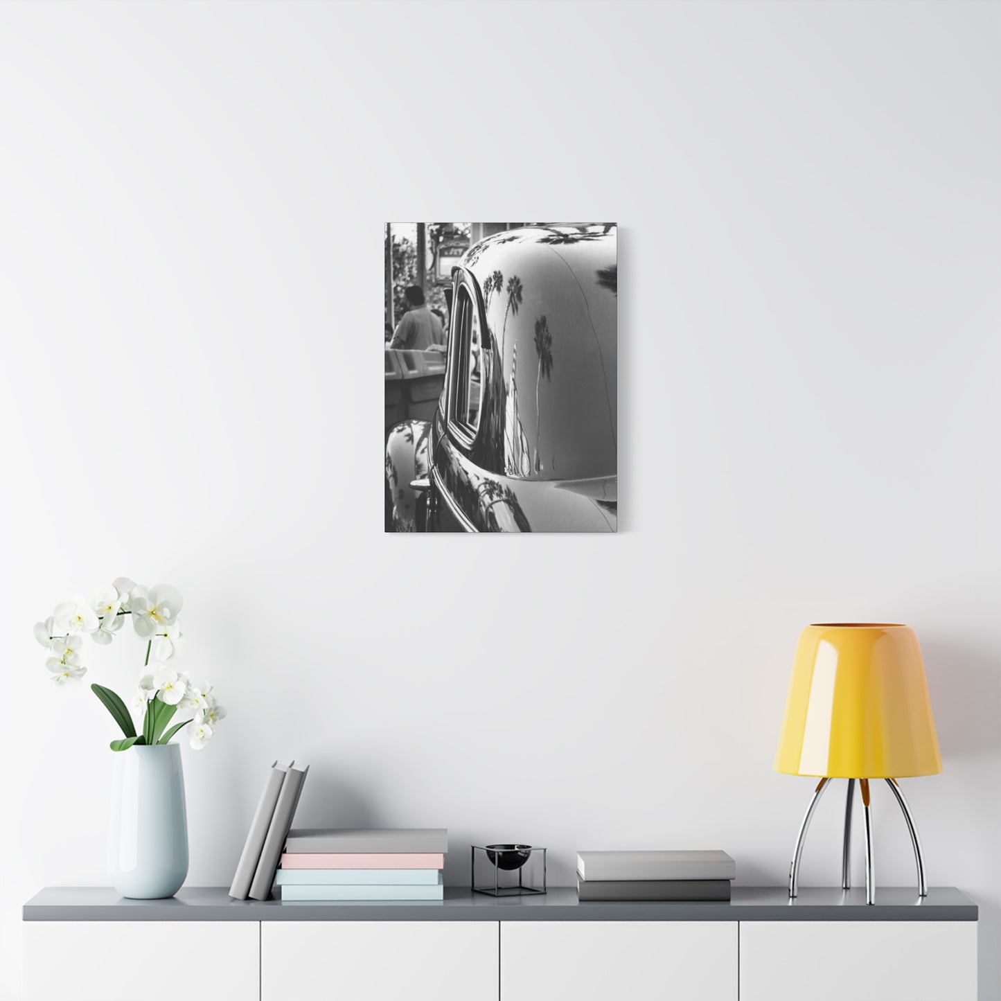Vintage Car with Palm Tree Reflections Matte Stretched Canvas Art Photography Print, Florida Black & White Photography Wall Art 1.25"