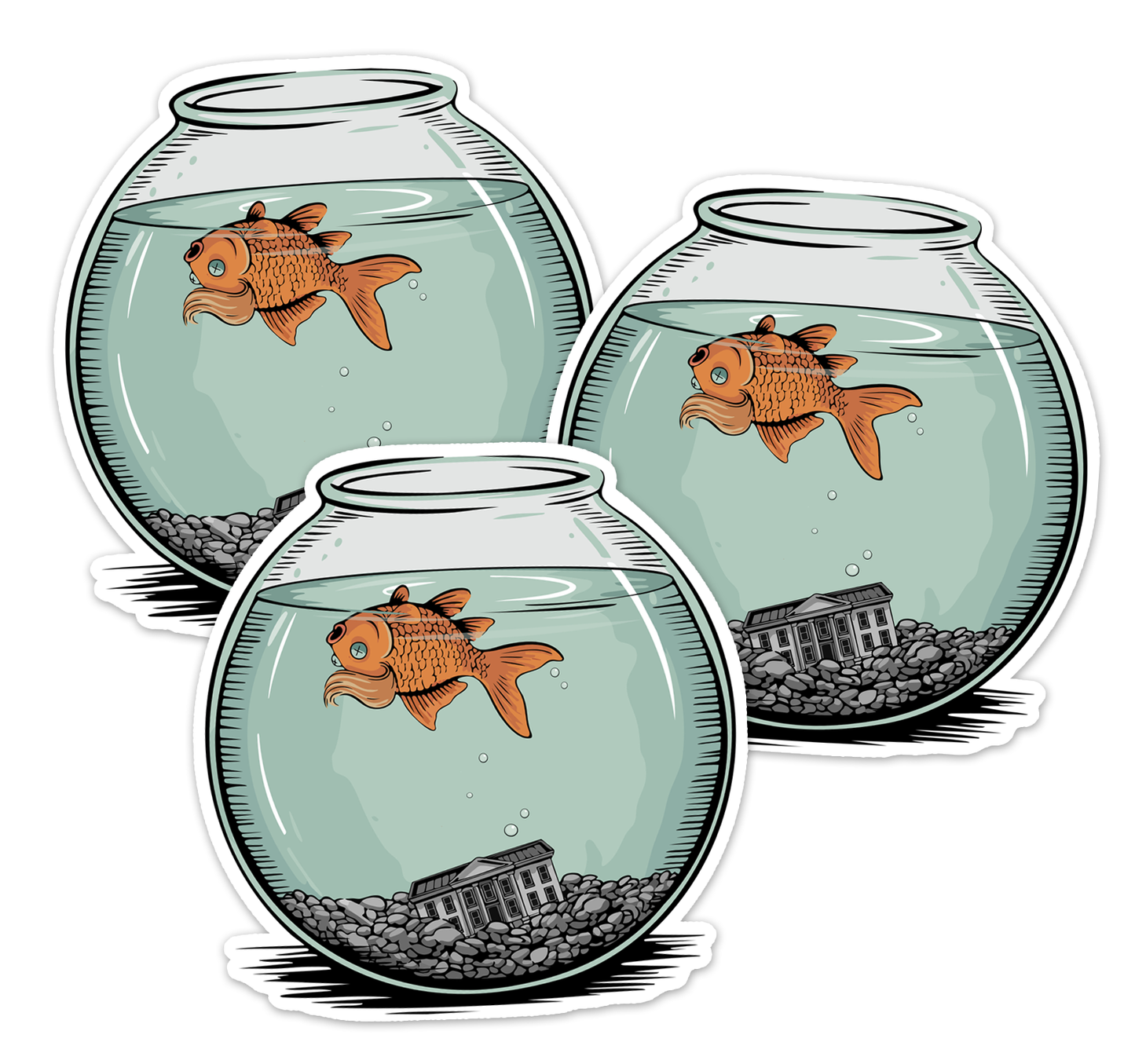 Dead Goldfish In A Fishbowl Sticker - 3.5" Vinyl Decal Stickers Waterproof Outdoor Car, Anti-Trump Leftist Political Humor Shirts, Fish Floating Bowl