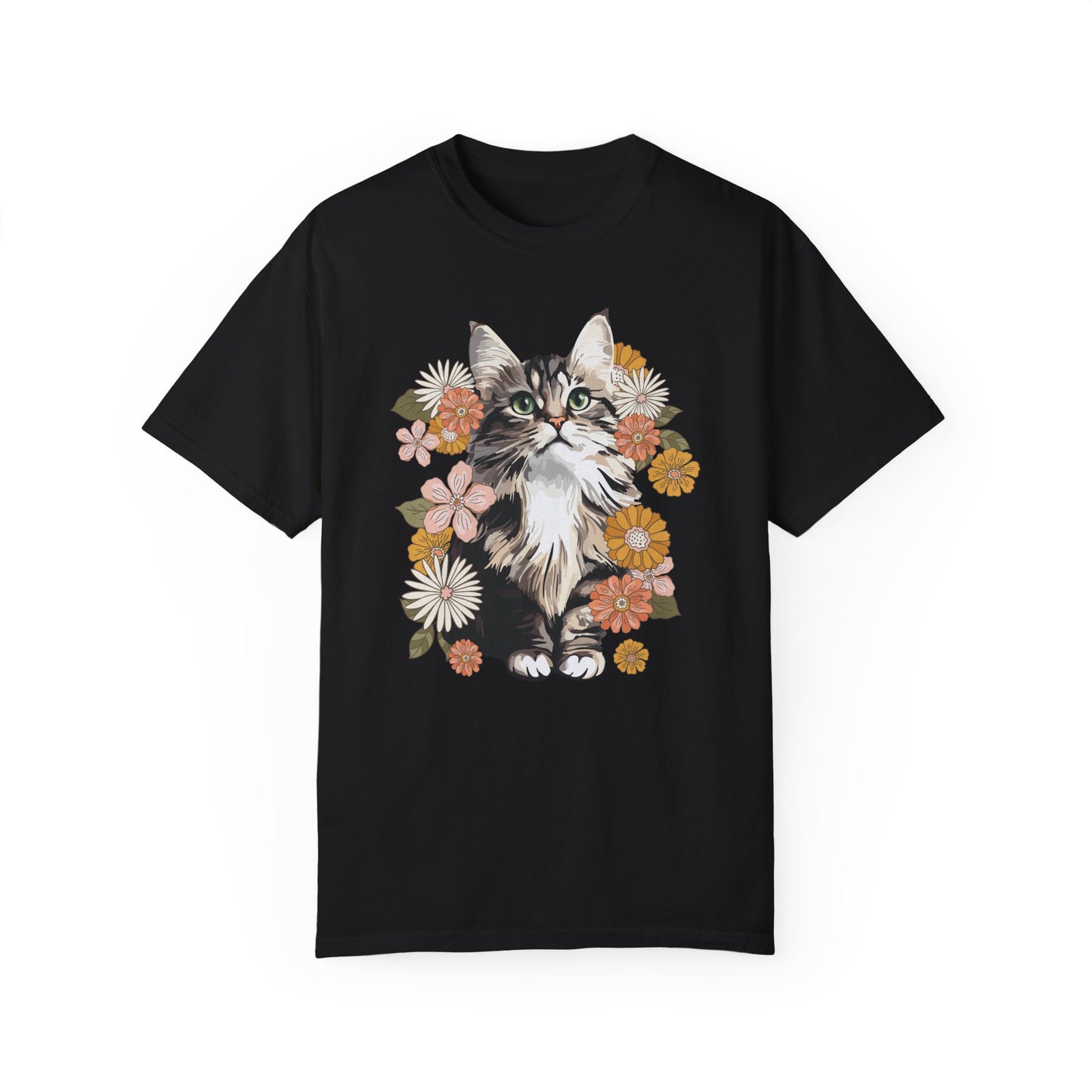 Moonchi Fluffy Kitty In Flowers T-shirt Floral Cat Tee Shirt | Gift for Pet Owners | Retro Vintage Style Tee Summer Apparel