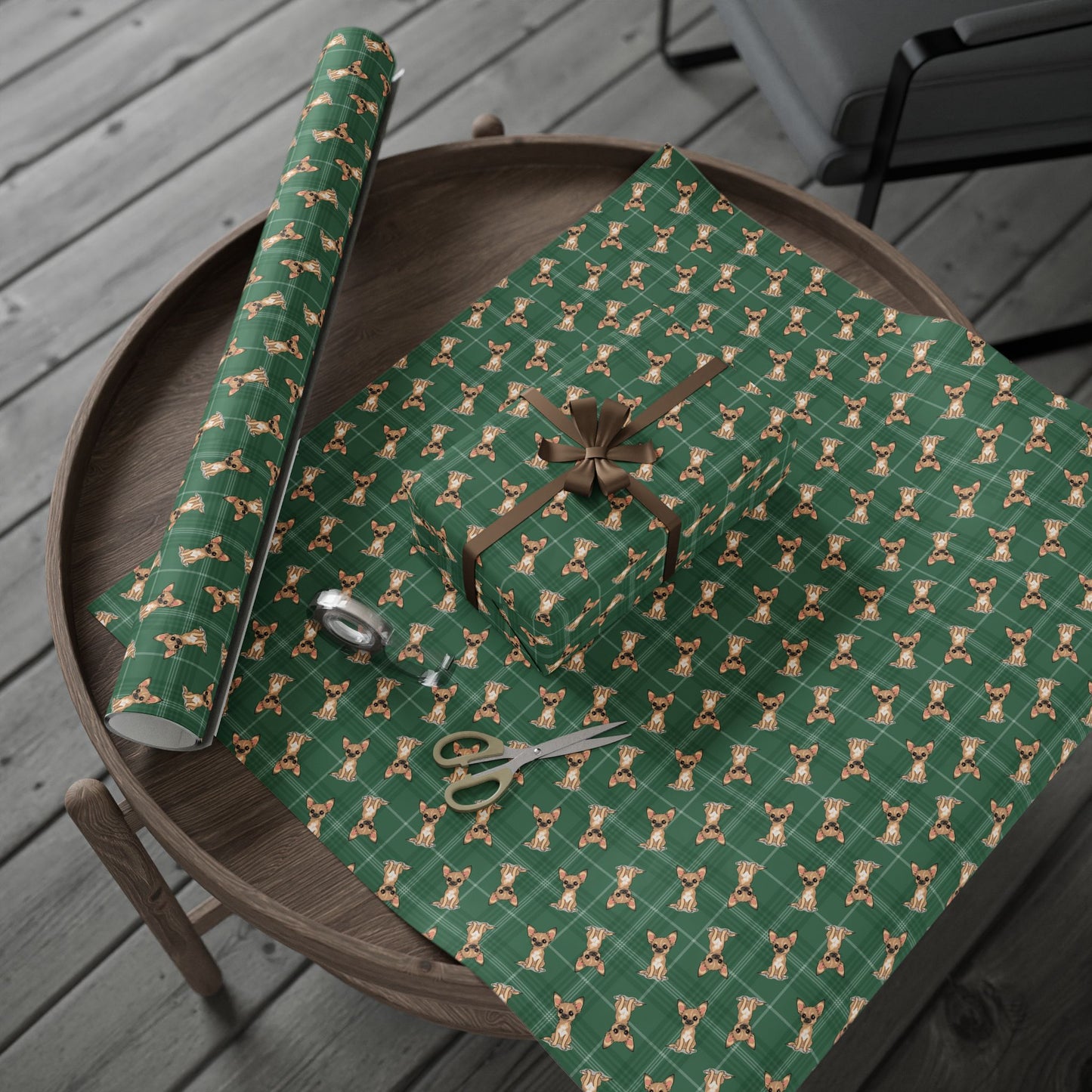 Tan Chihuahua Puppy Dog Wrapping Paper, Green Plaid Dogs Print Gift Wrap Roll, Chihuahuas Christmas Holiday Birthday Matte Wrapping Papers
