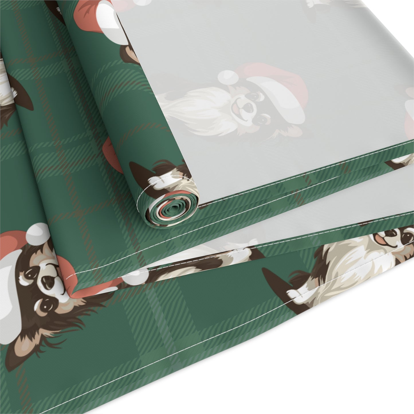 Festive Long Haired Chihuahua Dog Holiday Table Runner, Christmas Home Decor, Dining Tablecloth Linens, Plaid Table Setting Runners