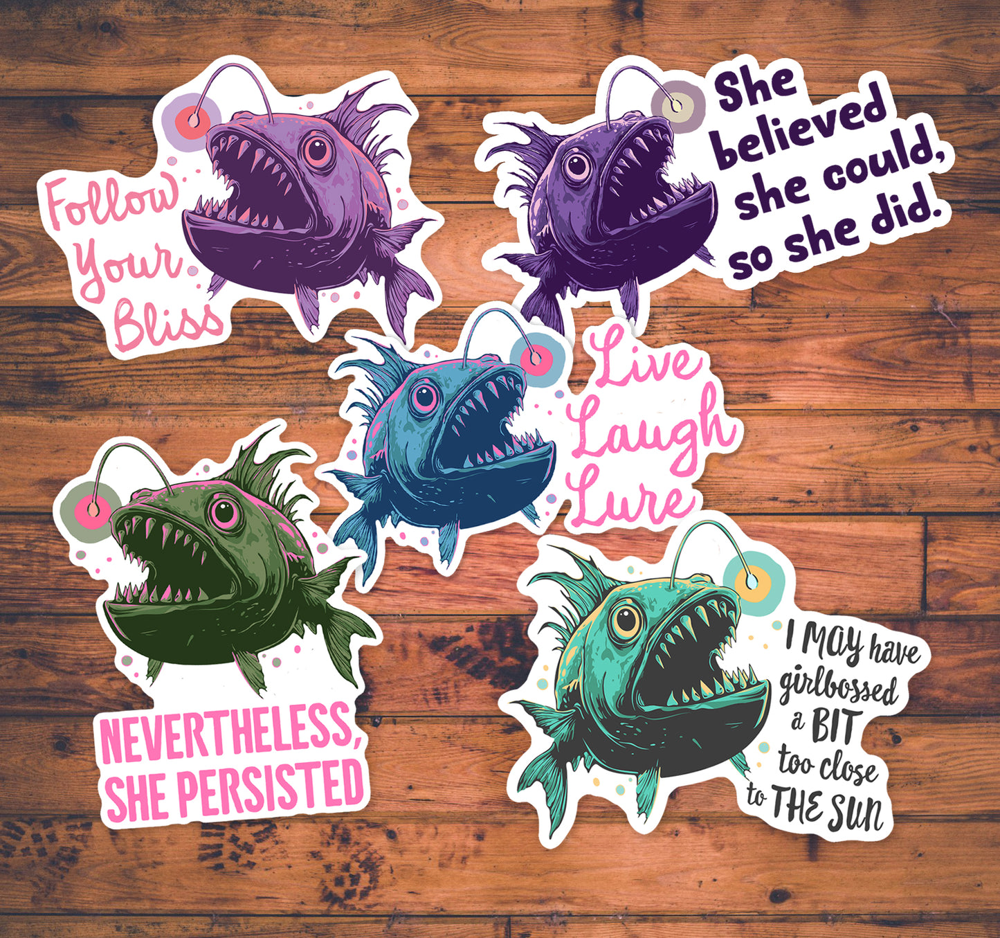Deep Sea Anglerfish Funny Sticker 5 Pack - Waterproof Decal Stickers Feminist Motivational Angler Fish