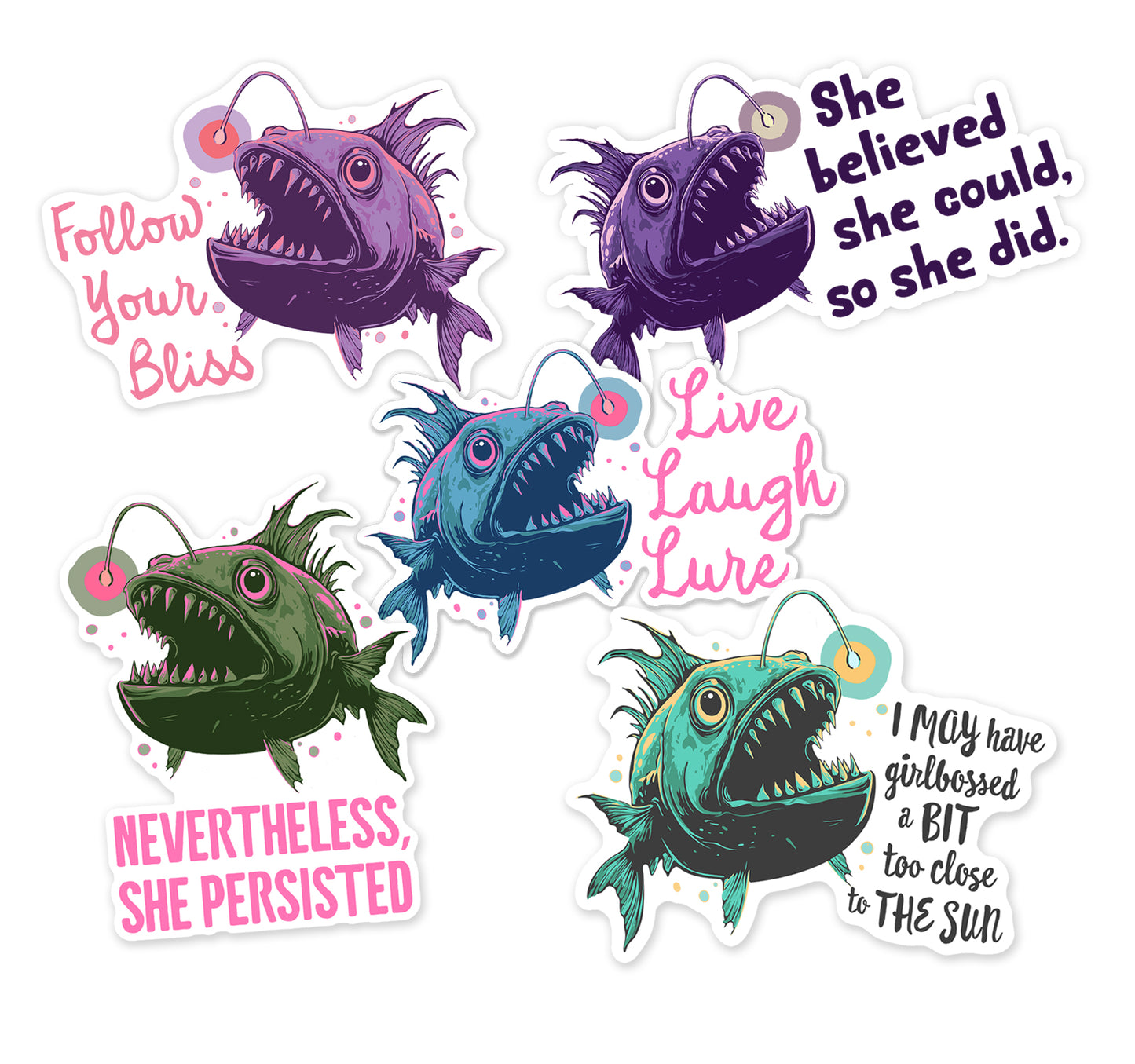 Deep Sea Anglerfish Funny Sticker 5 Pack - Waterproof Decal Stickers Feminist Motivational Angler Fish