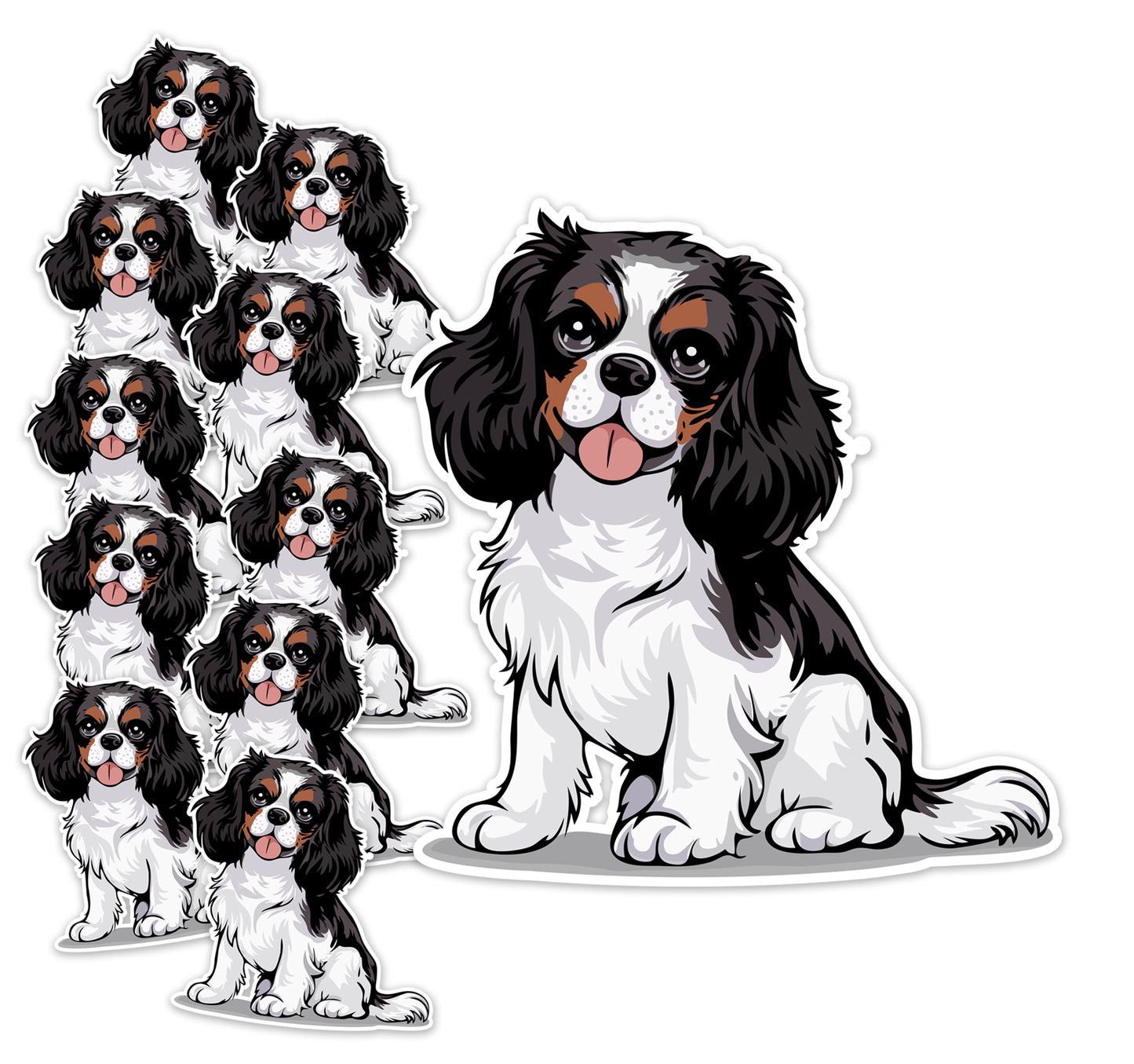 2" Tricolor Cavalier King Charles Spaniel Dog Stickers 5 and 10 Pack - Black, Brown, & White Cavaliers Dogs Vinyl Sticker Waterproof Decal