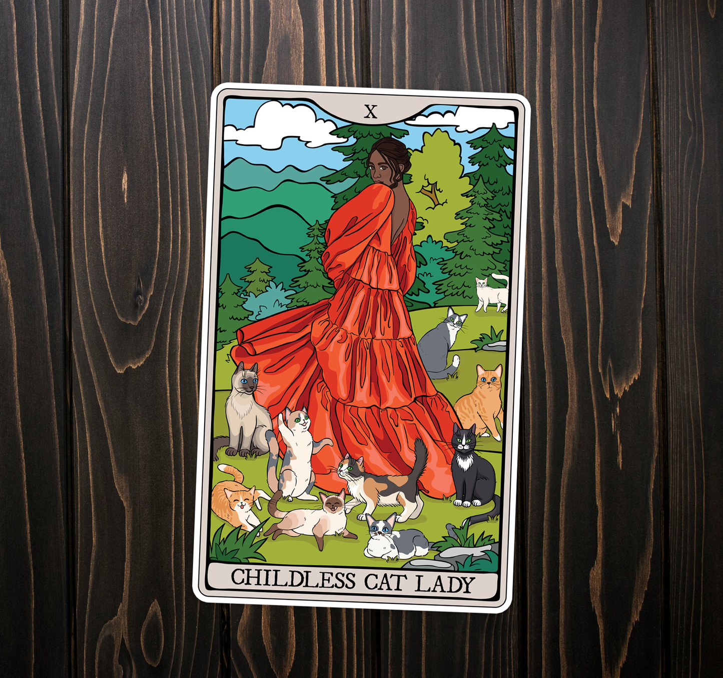Childless Cat Lady Tarot Card Sticker - Waterproof, Fade-Resistant Decal Stickers Child-Free Woman and Cats Design