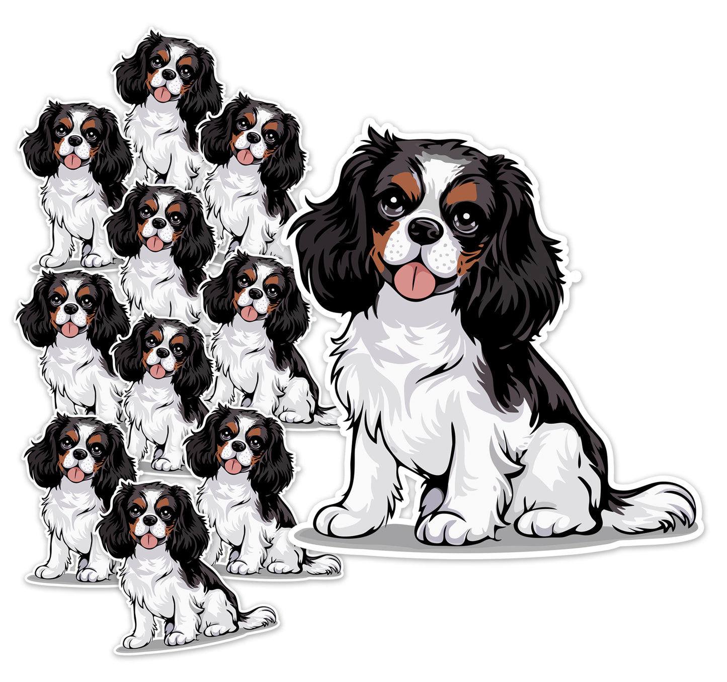 2" Tricolor Cavalier King Charles Spaniel Dog Stickers 5 and 10 Pack - Black, Brown, & White Cavaliers Dogs Vinyl Sticker Waterproof Decal