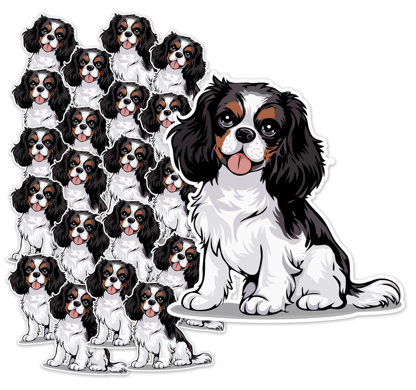 2" Tricolor Cavalier King Charles Spaniel Dog Stickers 5 and 10 Pack - Black, Brown, & White Cavaliers Dogs Vinyl Sticker Waterproof Decal
