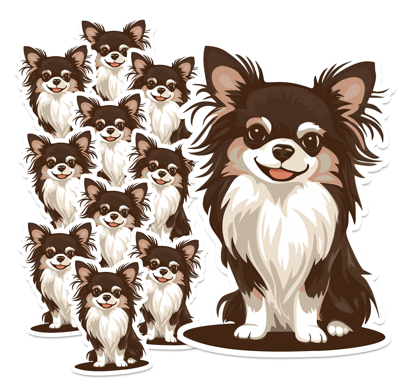 2" Long Haired Chihuahua Puppy Dog Stickers Vinyl Stickers Multi Pack, Small Brown Long Coat Chihuahuas Dogs Decal Sticker - 3, 5, 10 Piece