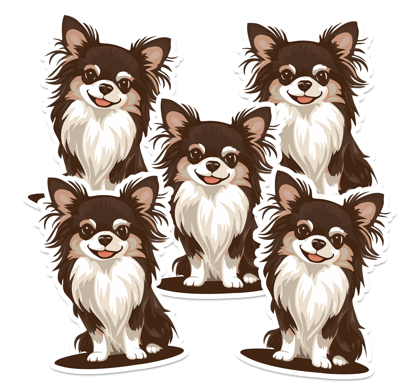 2" Long Haired Chihuahua Puppy Dog Stickers Vinyl Stickers Multi Pack, Small Brown Long Coat Chihuahuas Dogs Decal Sticker - 3, 5, 10 Piece