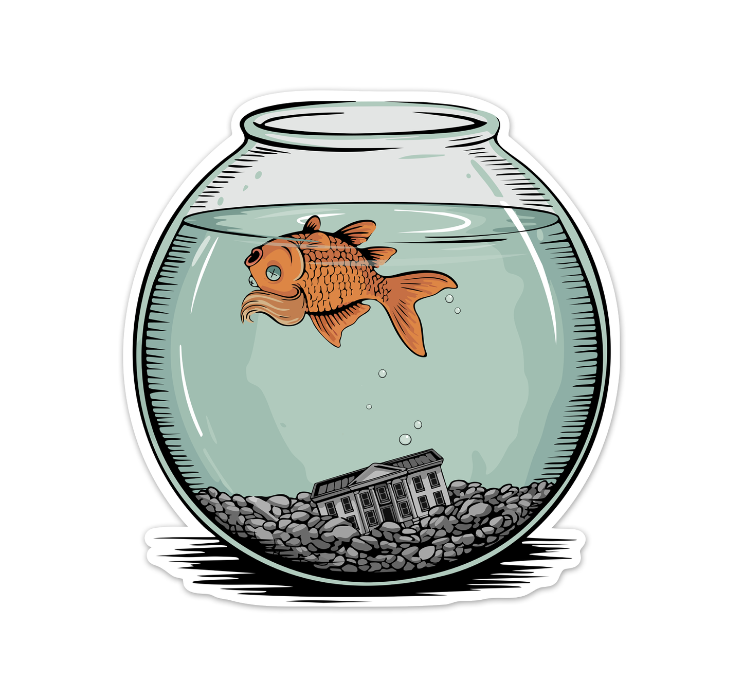 Dead Goldfish In A Fishbowl Sticker - 3.5" Vinyl Decal Stickers Waterproof Outdoor Car, Anti-Trump Leftist Political Humor Shirts, Fish Floating Bowl