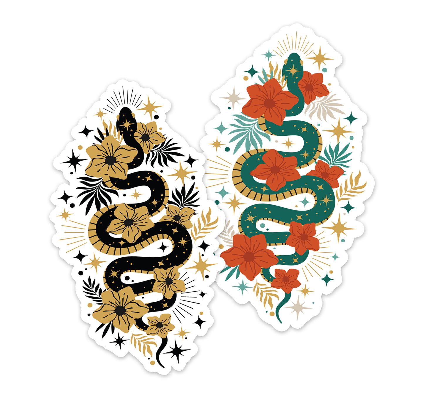 4" Mystic Snake Stickers 2 Pack - Boho Serpent Snakes & Flowers Decal Stickers