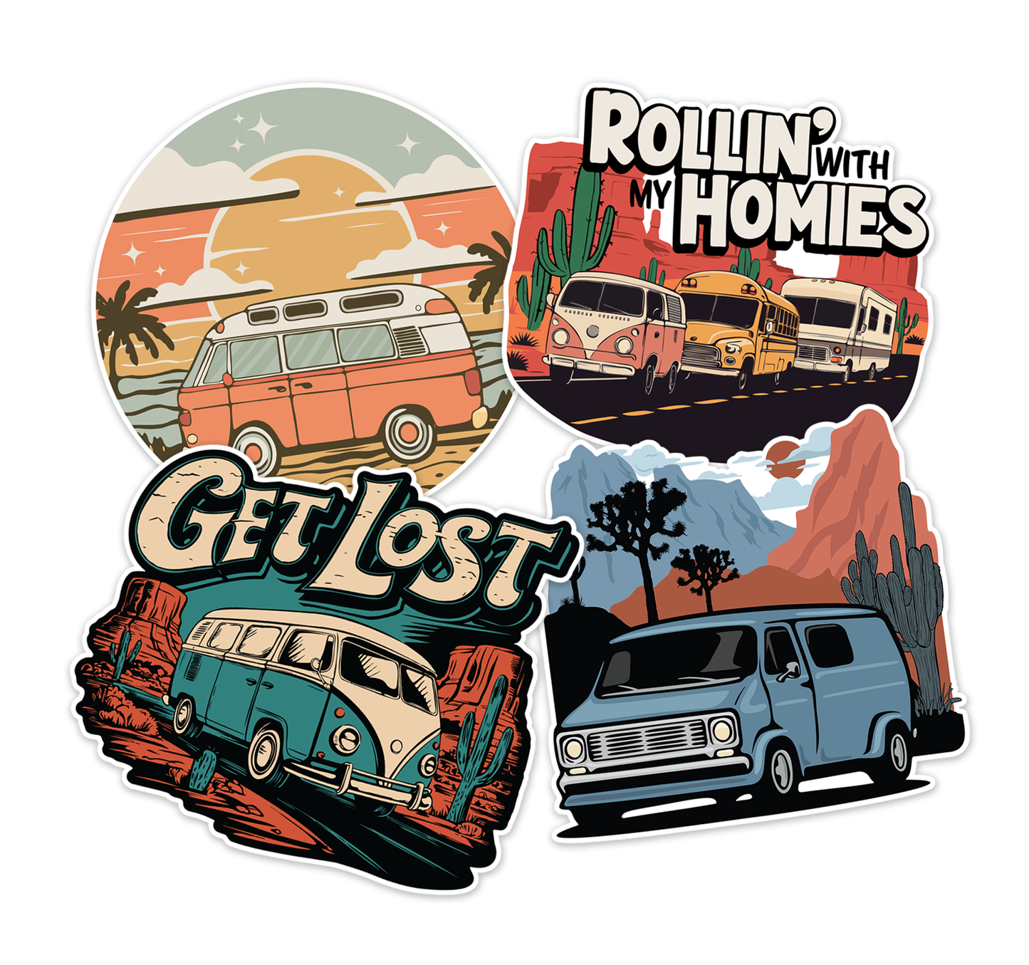 Vanlife Nomad Sticker 4 Pack - 3.5" Camper Van Vinyl Decal Stickers Retro RV Caravan Camping Roadtrip Travel Waterproof Decals Bundle