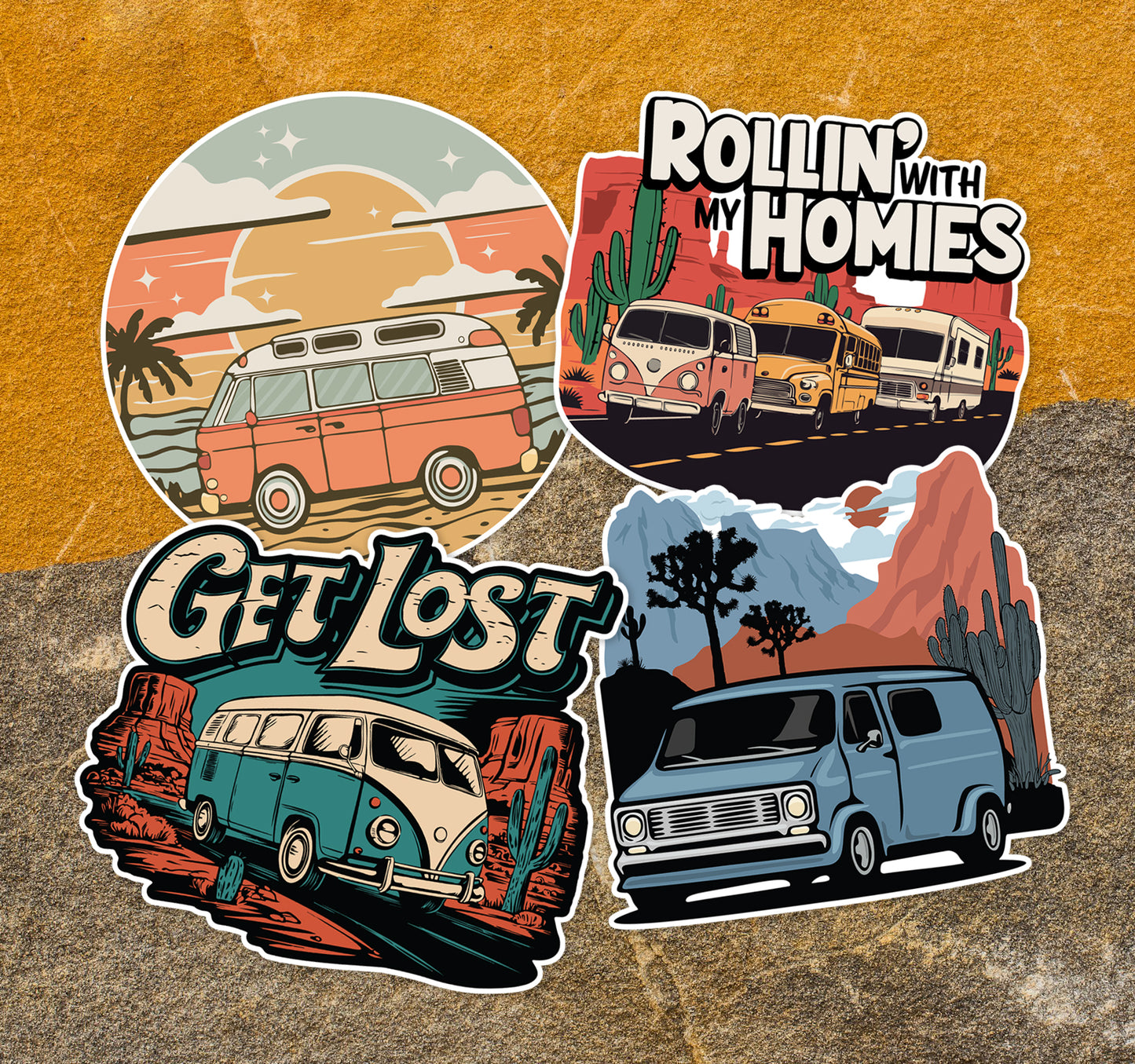 Vanlife Nomad Sticker 4 Pack - 3.5" Camper Van Vinyl Decal Stickers Retro RV Caravan Camping Roadtrip Travel Waterproof Decals Bundle