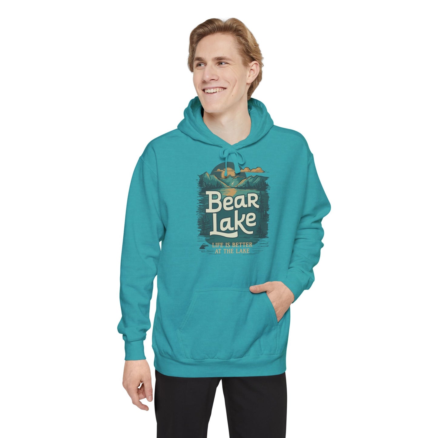 Bear Lake Scenic Mountain View Unisex Garment-Dyed Pullover Hoodie Hooded Sweatshirt with Utah Idaho Vacation Destination