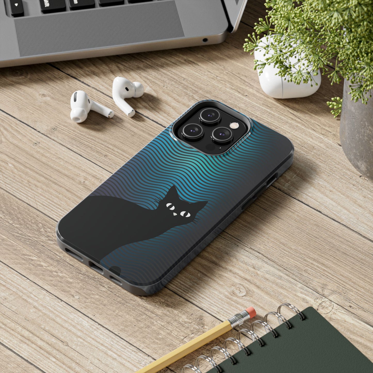 Black Cat Cell Phone Case | Peeking Kitty Graphic on Wavy Teal Background
