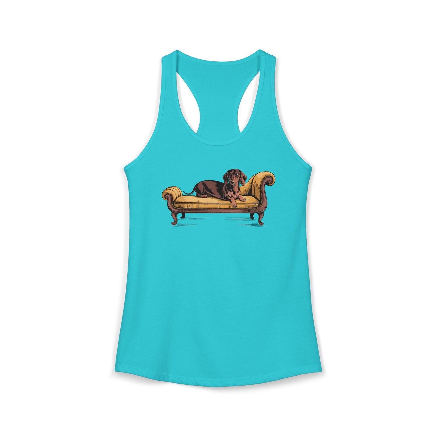 Dachshund Dog on Vintage Chaise Lounge Racerback Tank Top, Women's Wiener Dogs Sleeveless Shirt