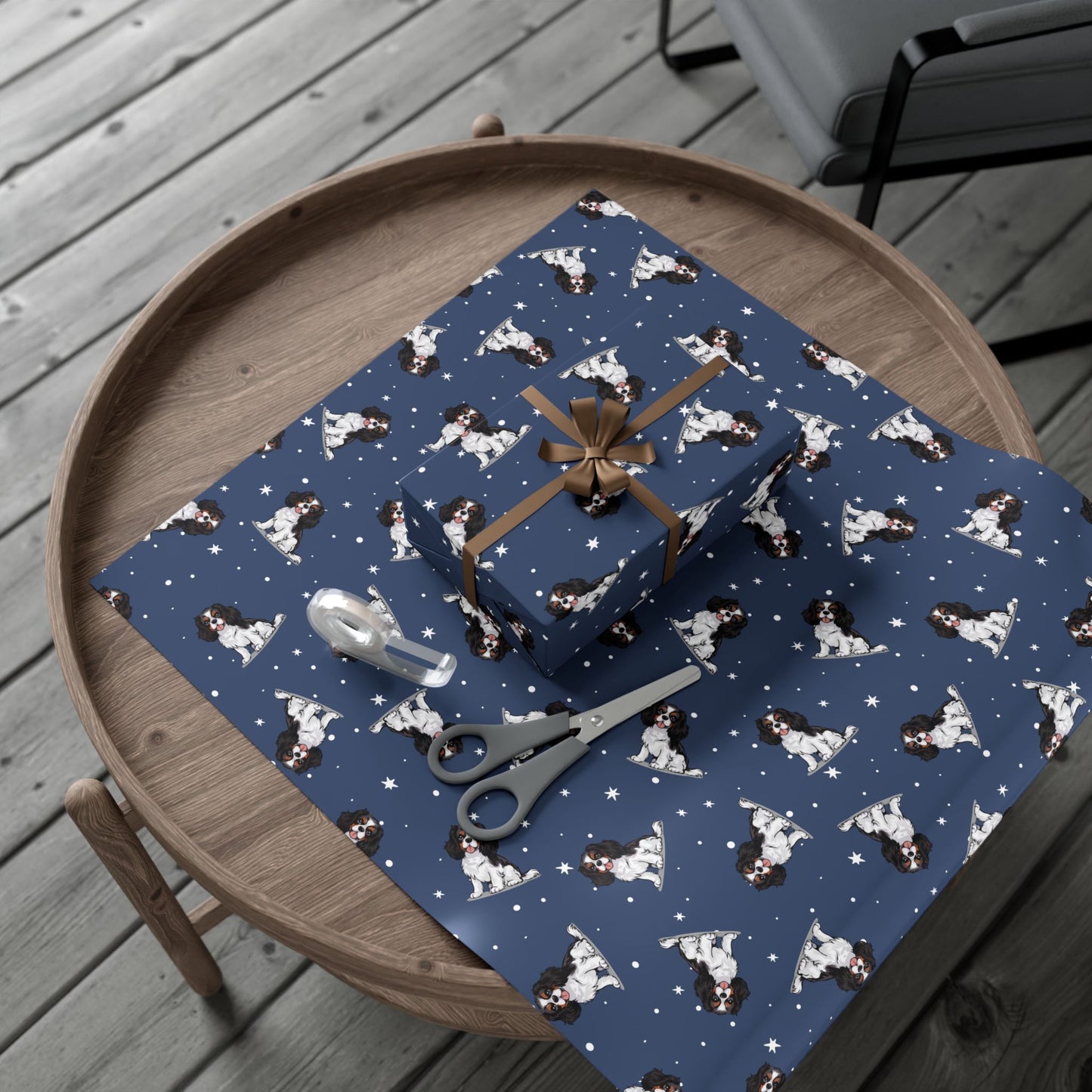 Tricolor Cavalier King Charles Spaniel Dog Wrapping Paper, Puppy Dogs Print, Navy Blue Gift Wrap, Birthday Anniversary Holiday