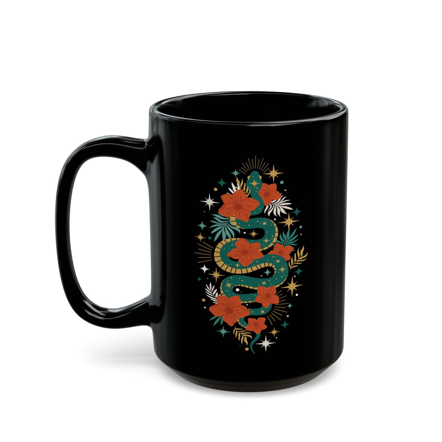 Mystic Jade Snake Black Mug, Boho 15oz Ceramic Coffee Cup, Unique Serpent Design, Gift for Coffee Lovers, Halloween, Occult Mugs